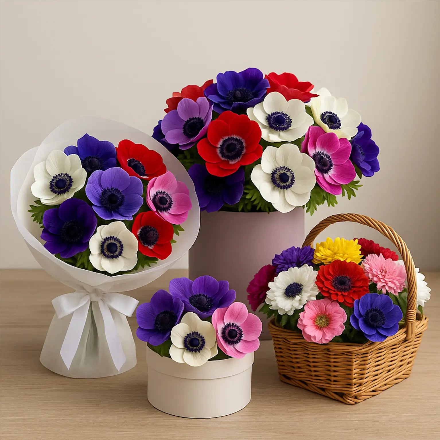 Colorful anemone arrangements in bouquet, hatbox, and basket with white, red, purple, and pink — luxury flower delivery Miami