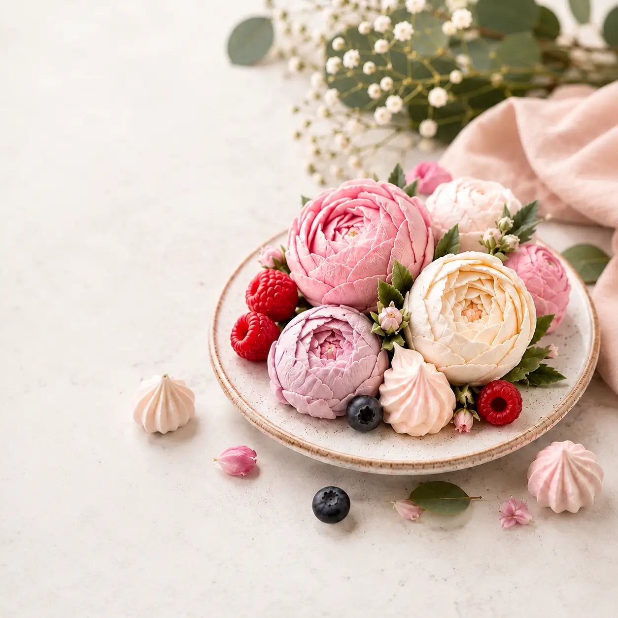 Handcrafted zephyr flowers and edible floral desserts by Art Dessert Atelier, available from Miami Flower Delivery
