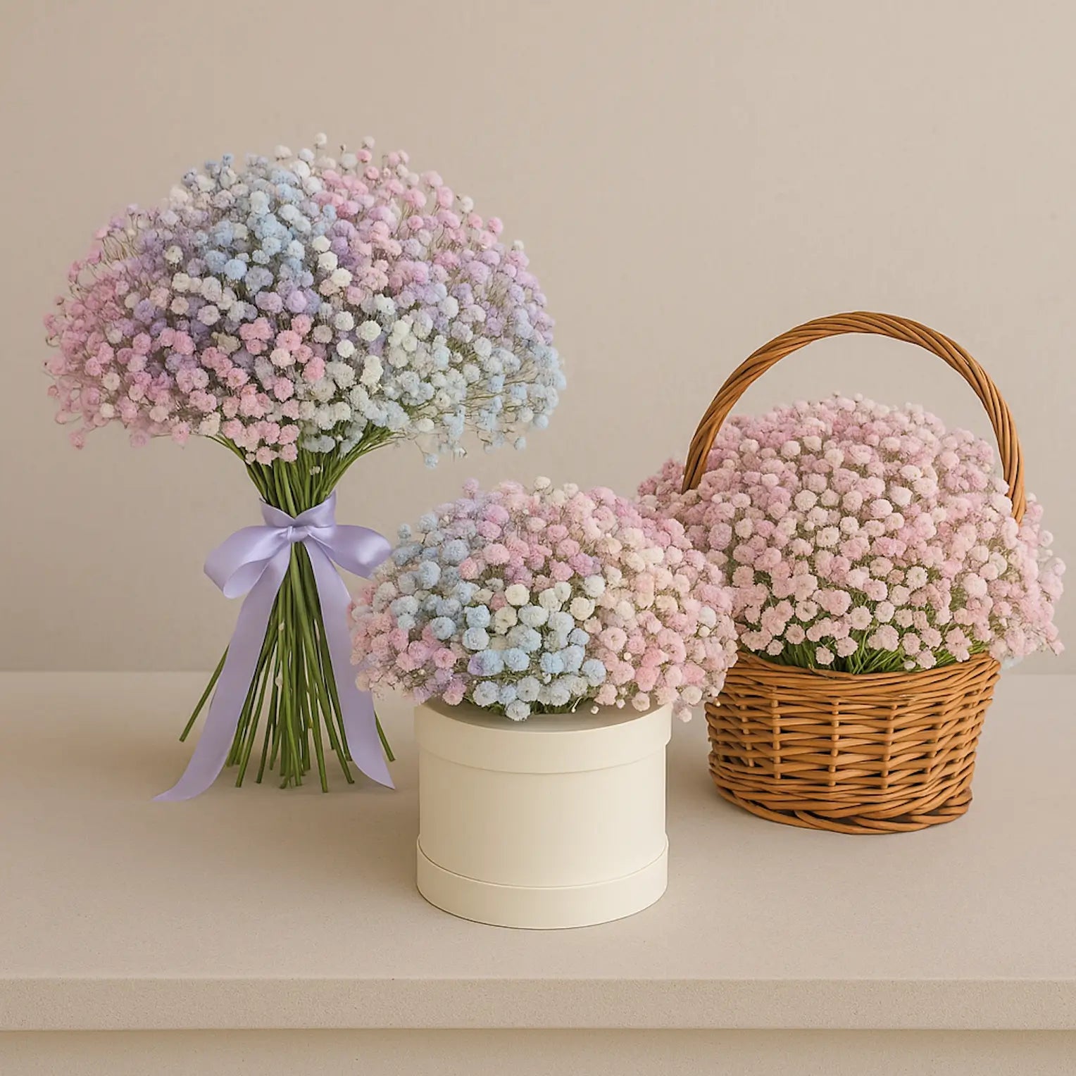 Pastel baby’s breath bouquet, hatbox, and basket in pink, blue, and white — luxury flower delivery in Miami