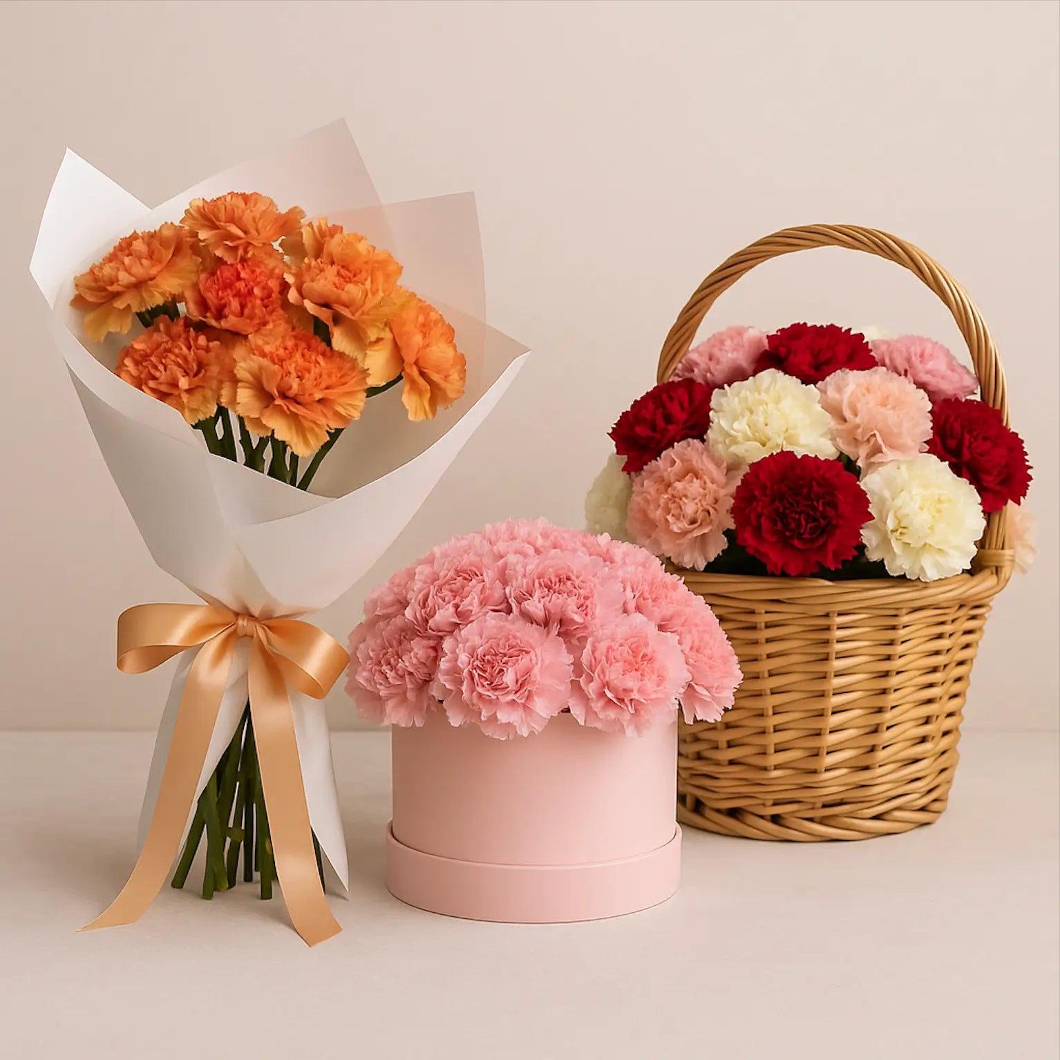 Carnation bouquet, box, and basket in pink, orange, red, and white — premium flower delivery Miami