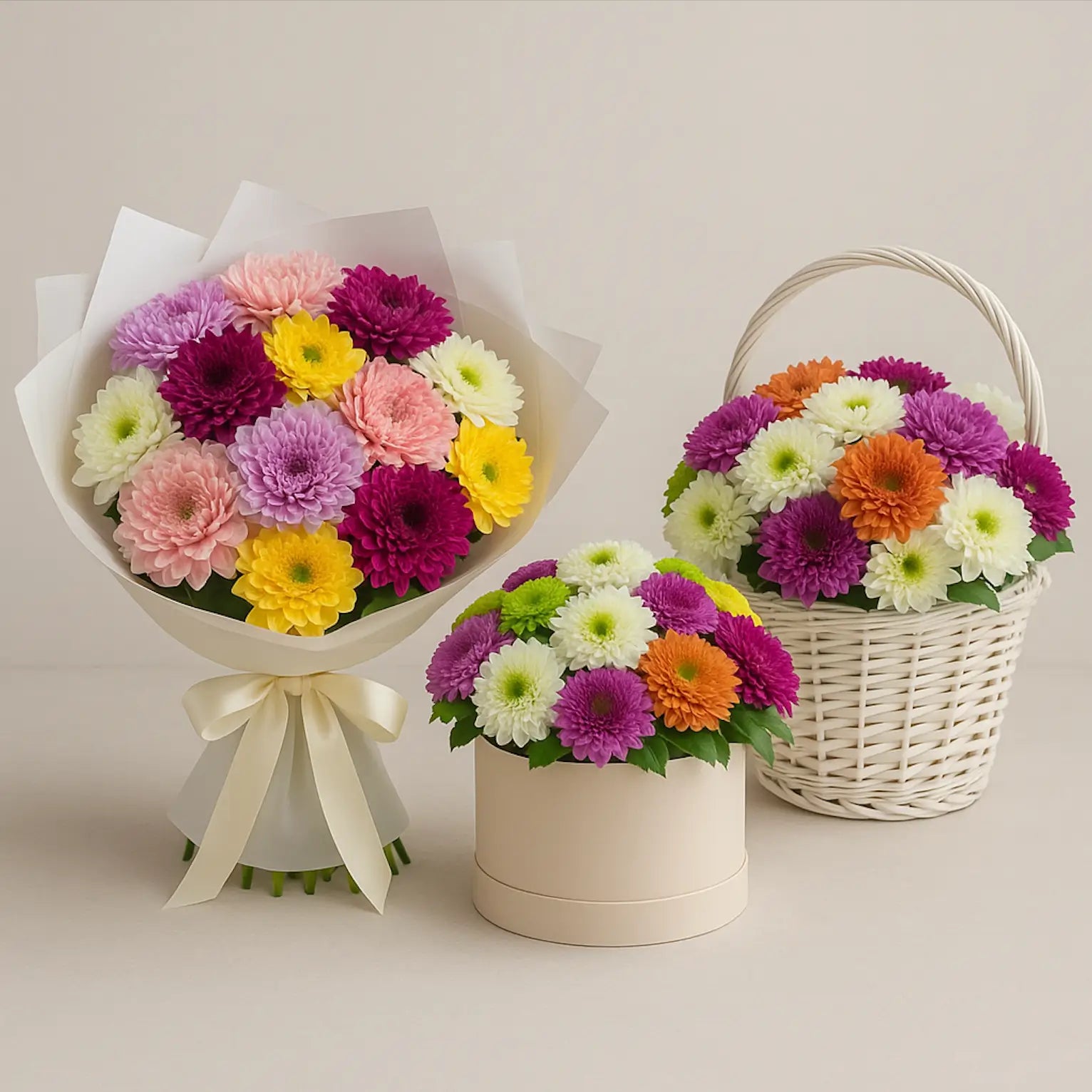Colorful chrysanthemum bouquet, hatbox, and basket arrangement — same-day flower delivery Miami