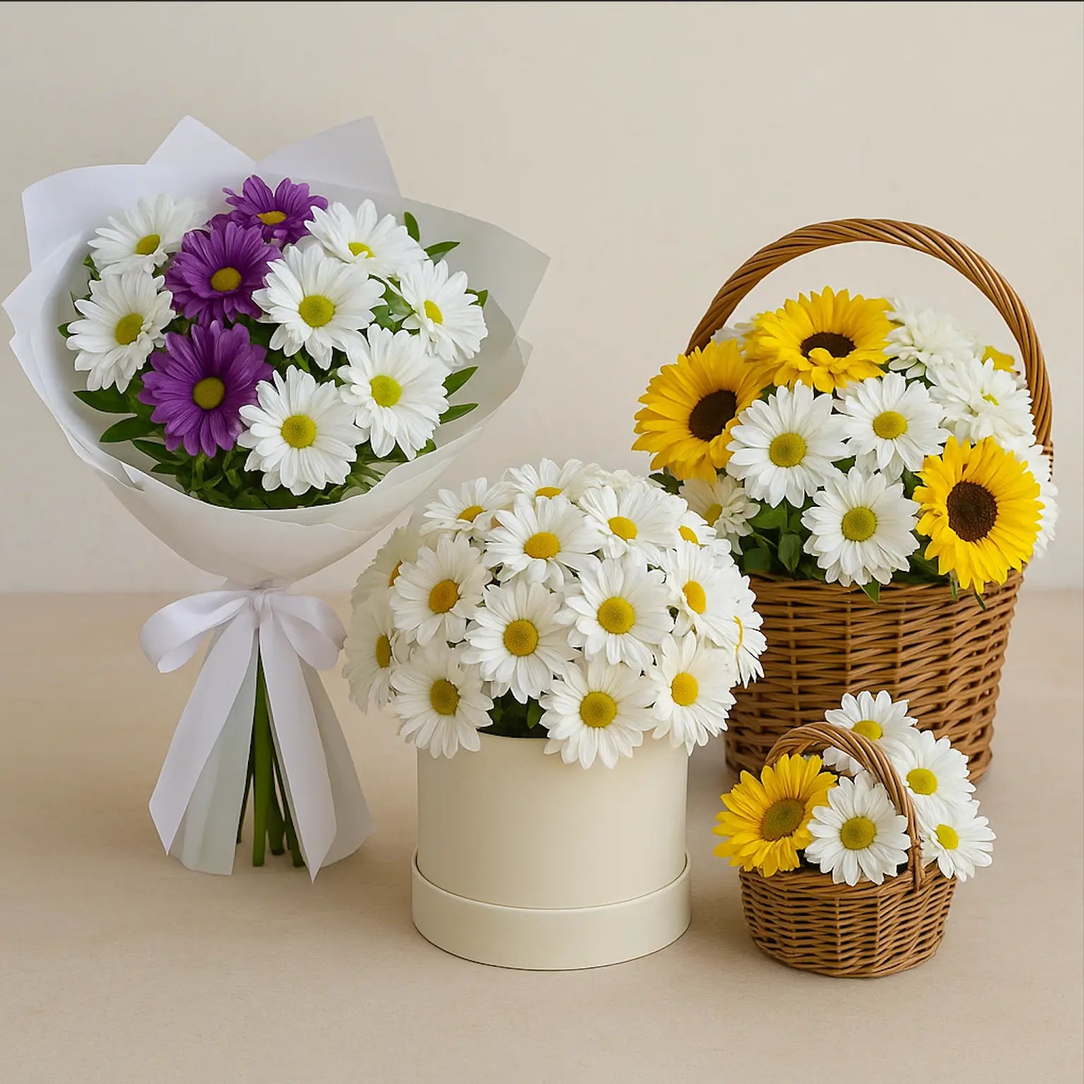 Fresh daisy bouquet, box, and basket in white, yellow, and purple — same-day flower delivery in Miami