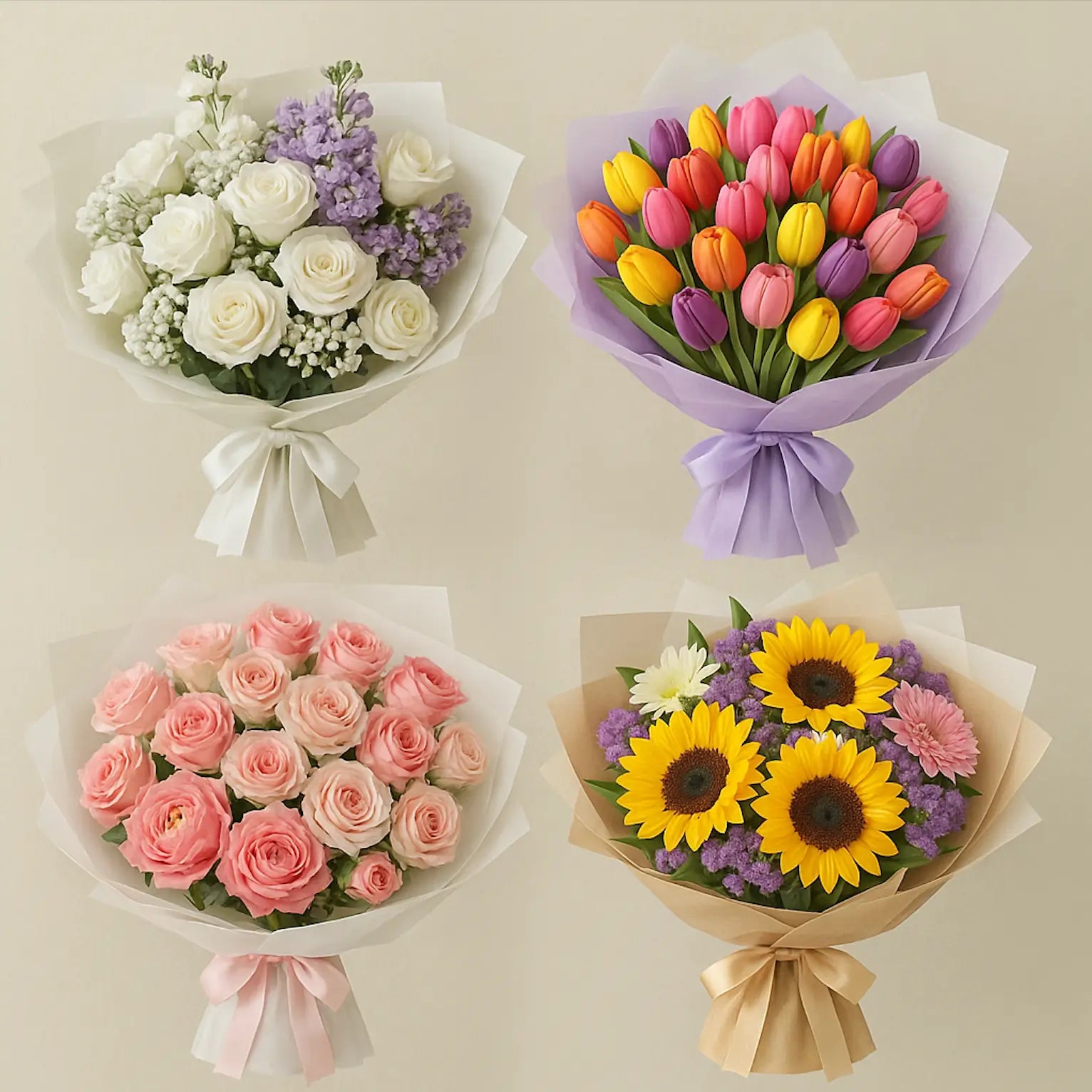 чElegant hand-tied flower bouquets in varied colors with roses, tulips, sunflowers, and filler blooms — Miami flower delivery