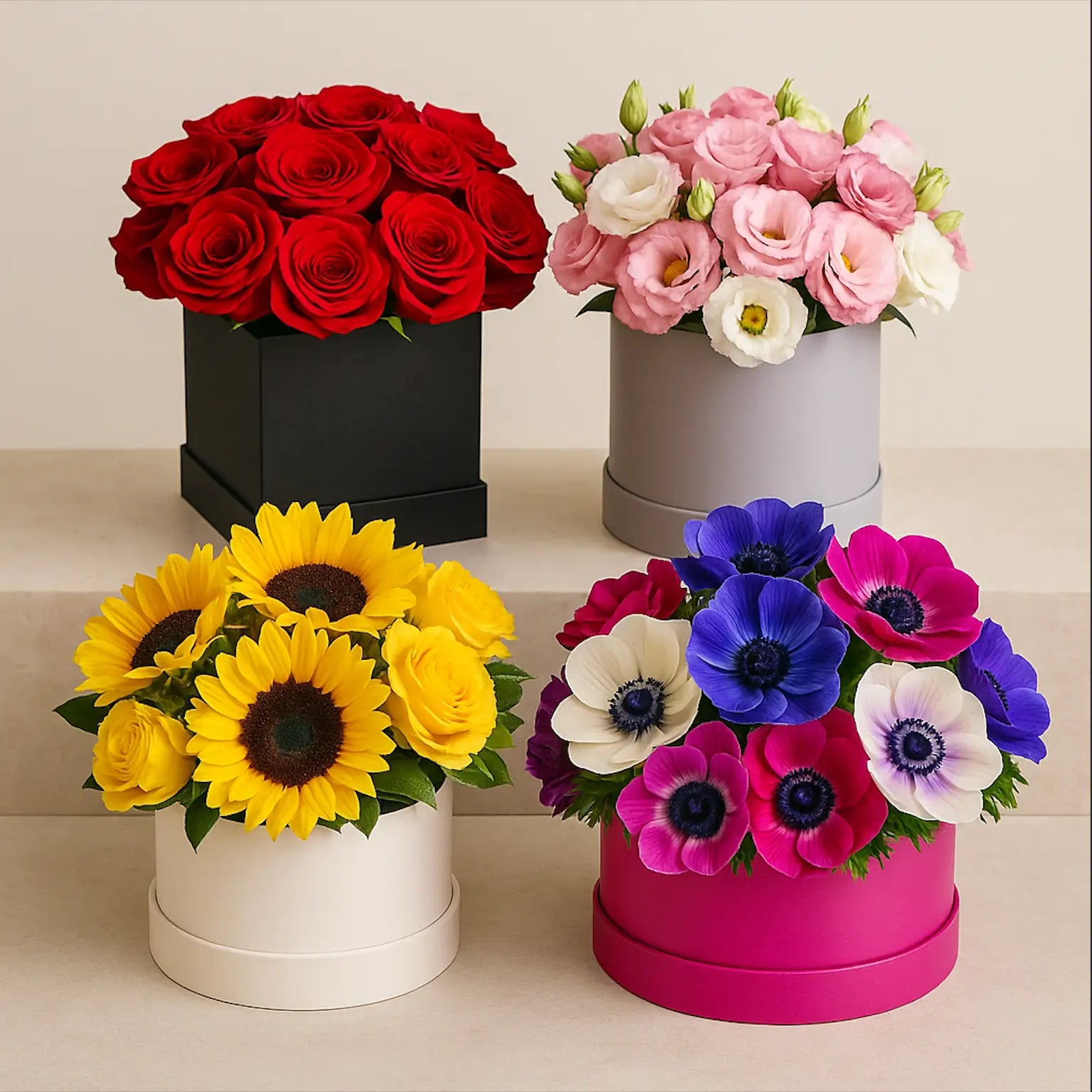 Flower box arrangements in round and square shapes with roses, lisianthus, sunflowers, and anemones — luxury Miami delivery