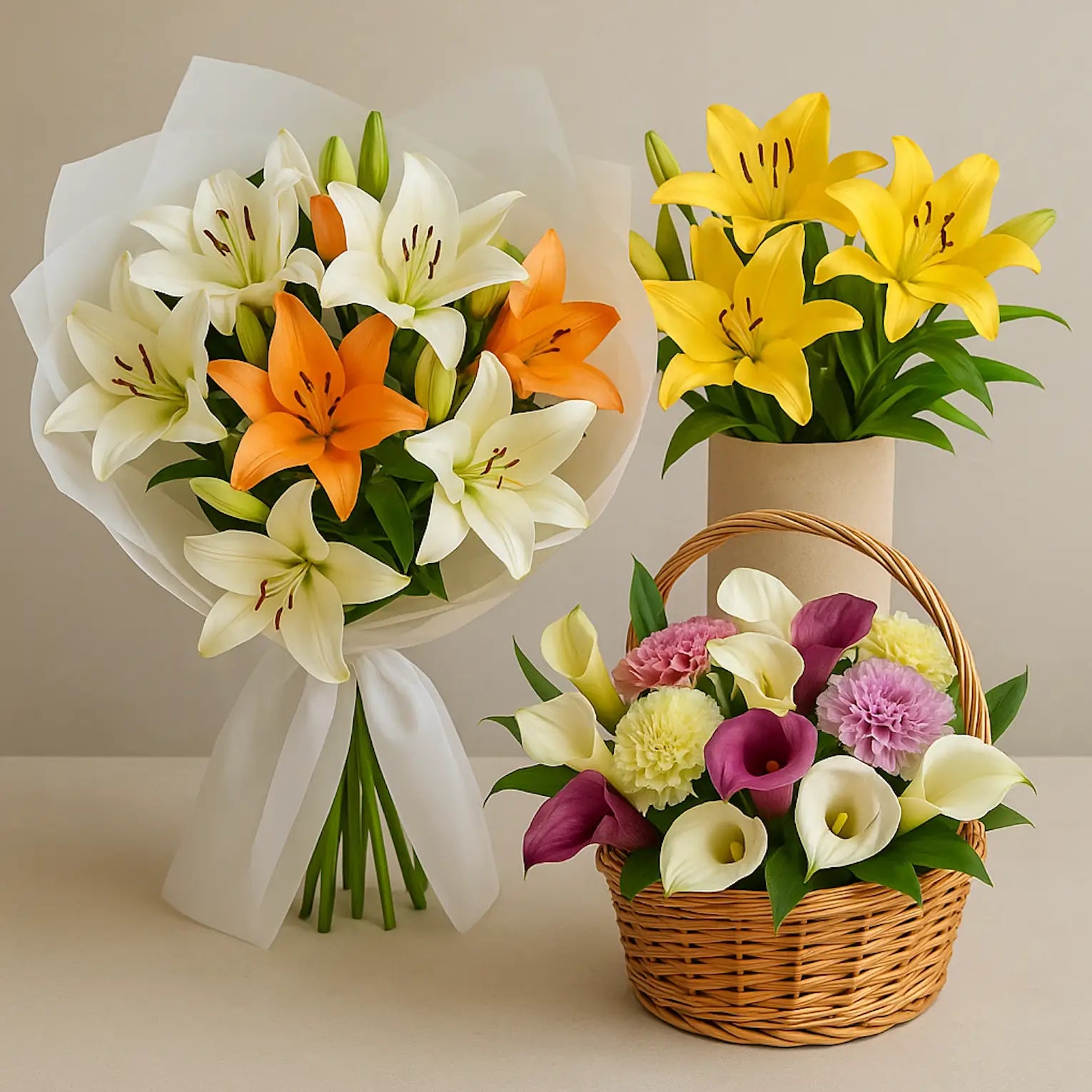 Elegant mix of lilies and calla lilies in bouquet, box, and basket — luxury flower delivery Miami