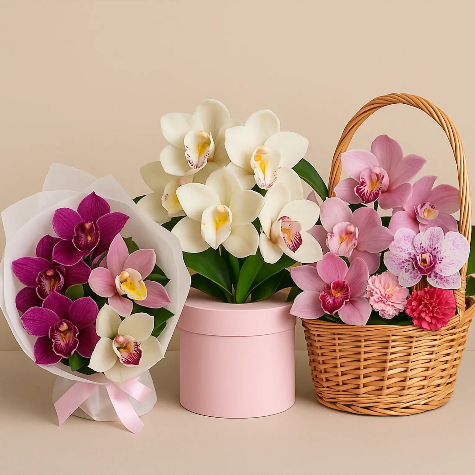 Mixed orchid arrangements in bouquet, pink box, and basket with white, pink, and purple tones — luxury flower delivery Miami