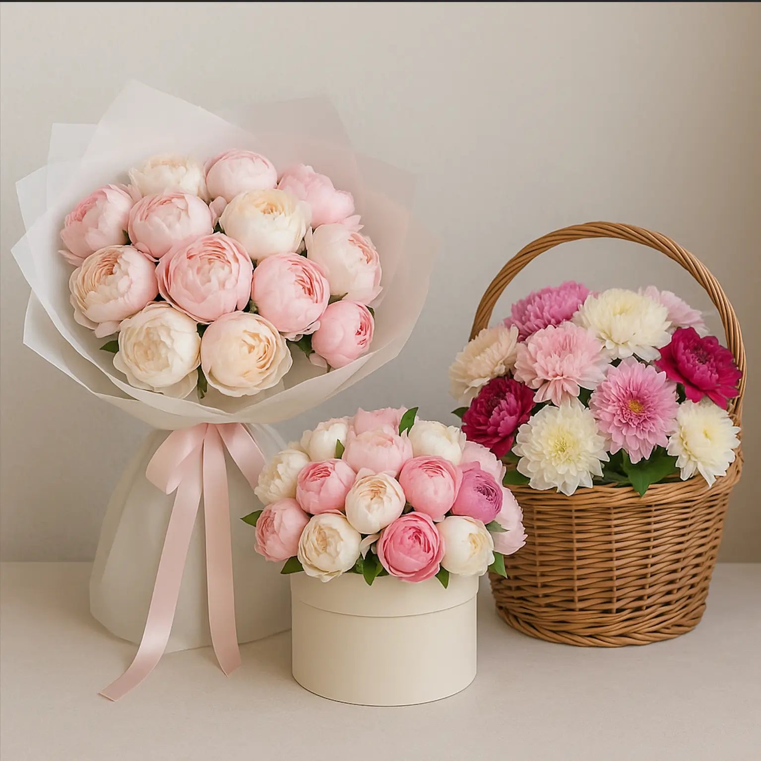 Blush pink, white, and magenta peonies in bouquet, hatbox, and basket — luxury flower delivery in Miami