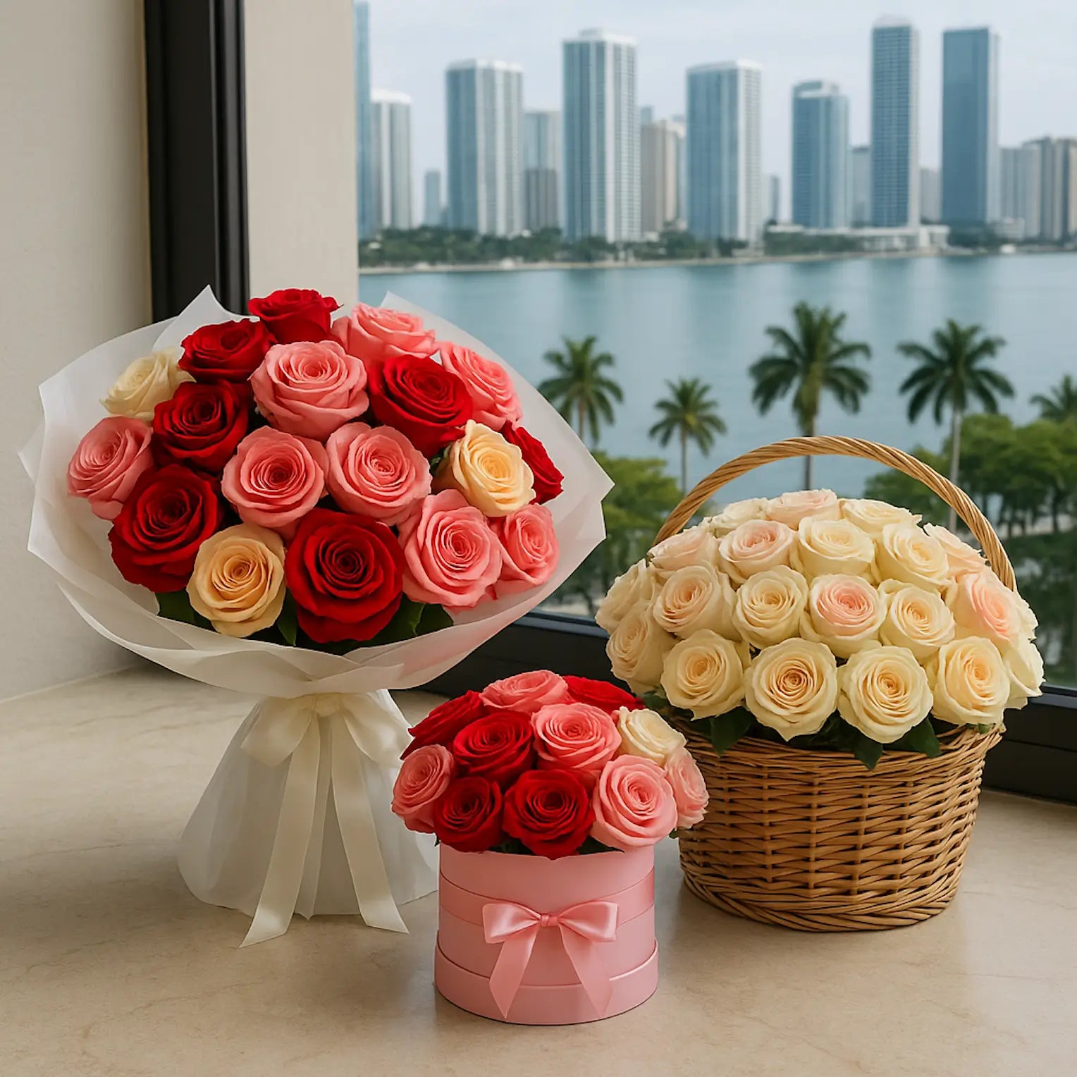 Fresh roses in bouquet, hatbox, and basket with red, pink, and peach tones — luxury flower delivery in Miami