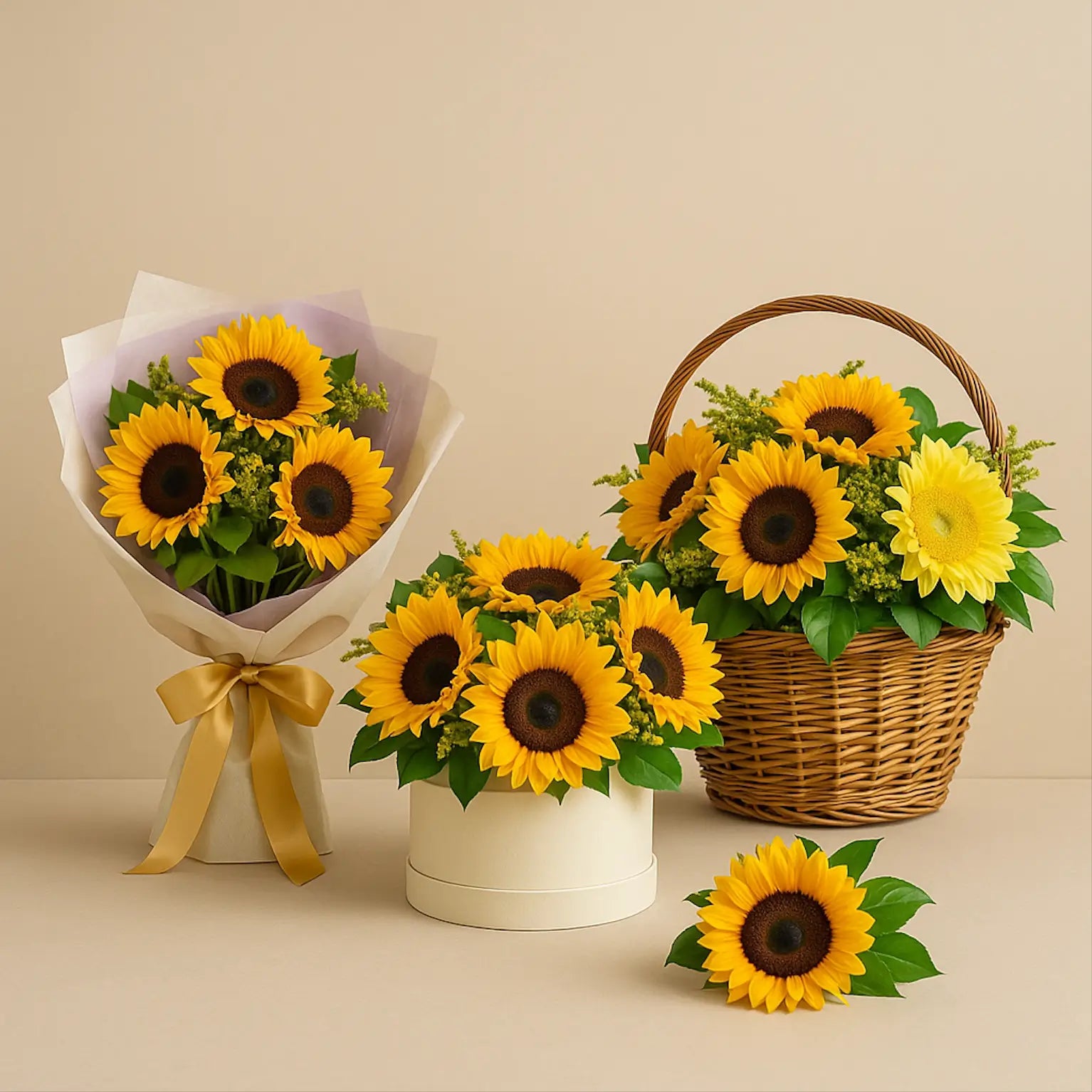 Bright sunflower bouquet, box, and basket arrangements with green accents — luxury flower delivery Miami