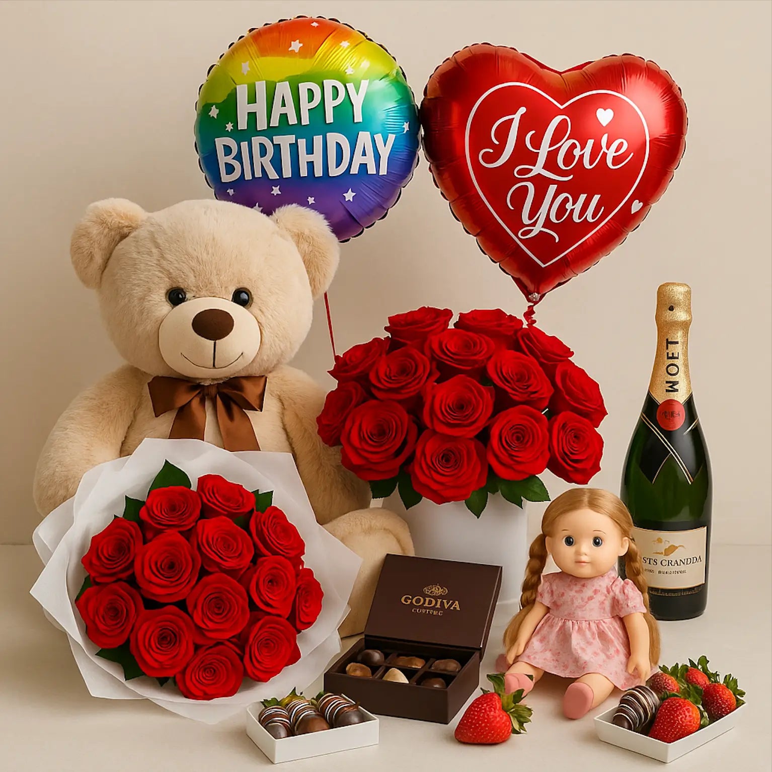 Gift set with teddy bear, red roses, balloons, chocolates, strawberries, doll, and champagne — luxury gift delivery in Miami