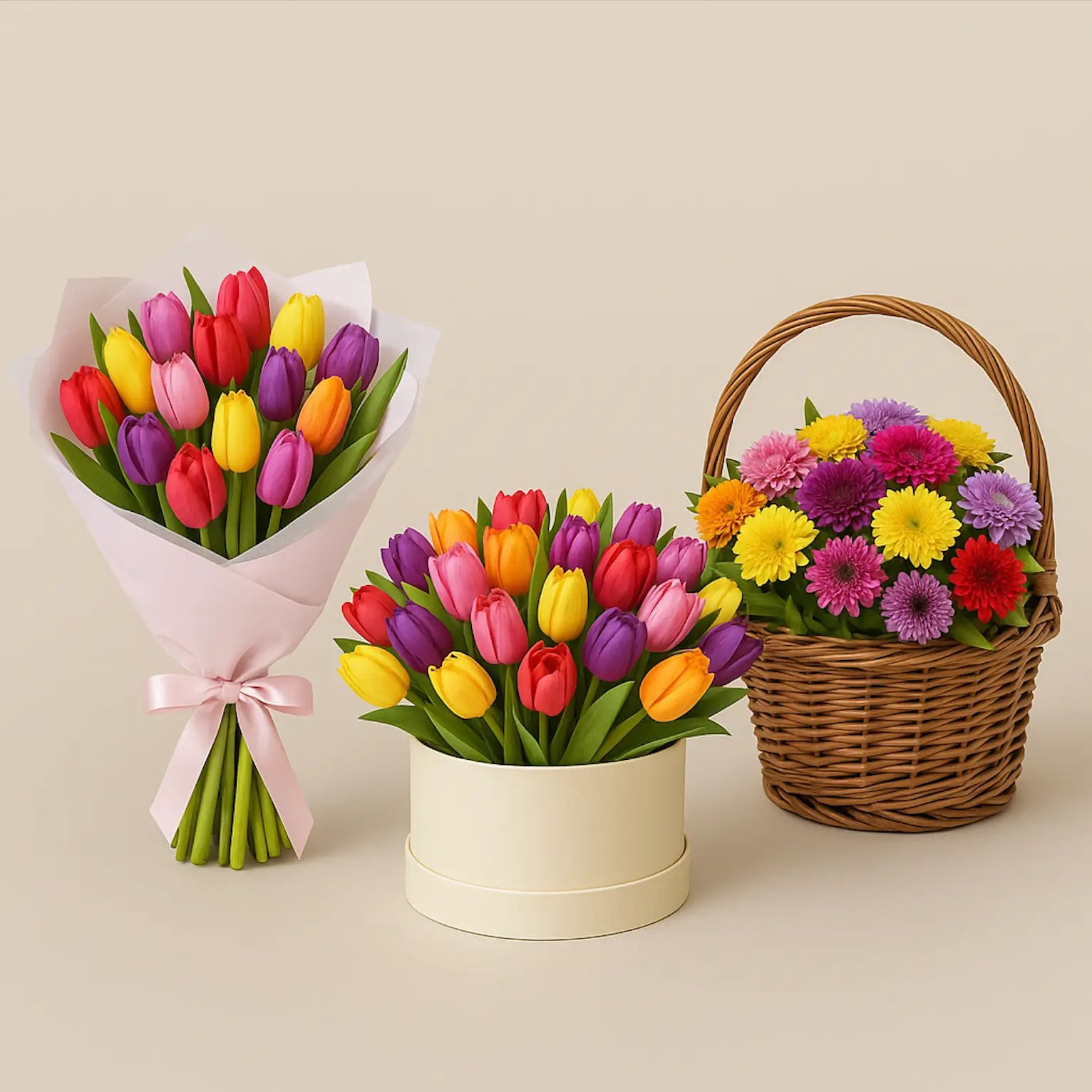 Colorful tulip arrangements in bouquet, box, and basket with pink, yellow, purple, and red blooms — Miami flower delivery