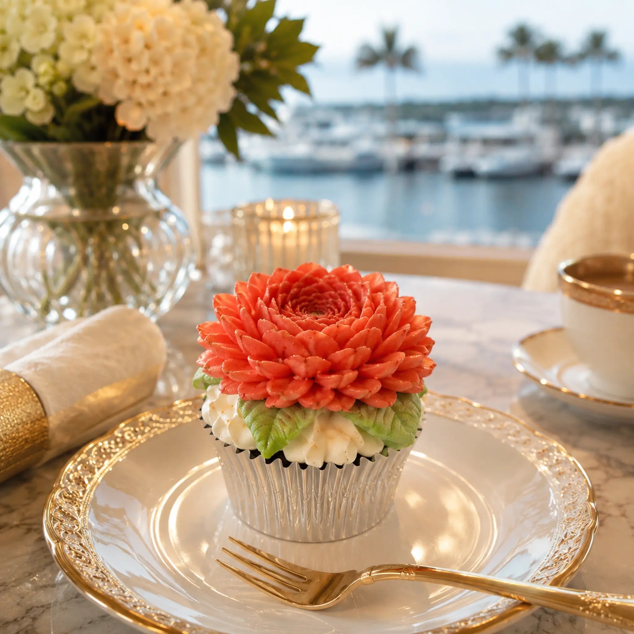 Handcrafted floral cupcake with coral flower design by Art Dessert Atelier
