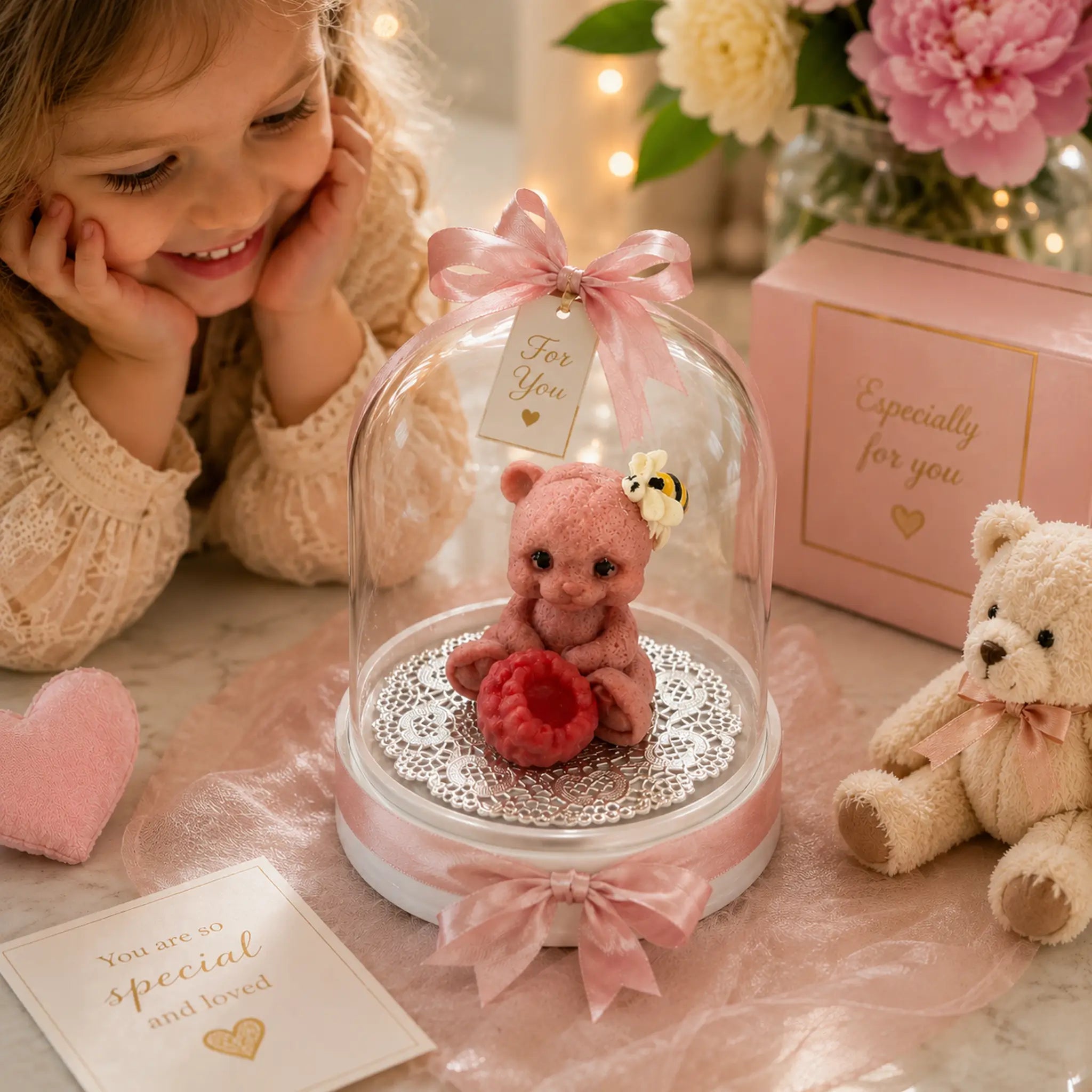 Handcrafted Boo Boo Bear zephyr character in a gift dome by Art Dessert Atelier