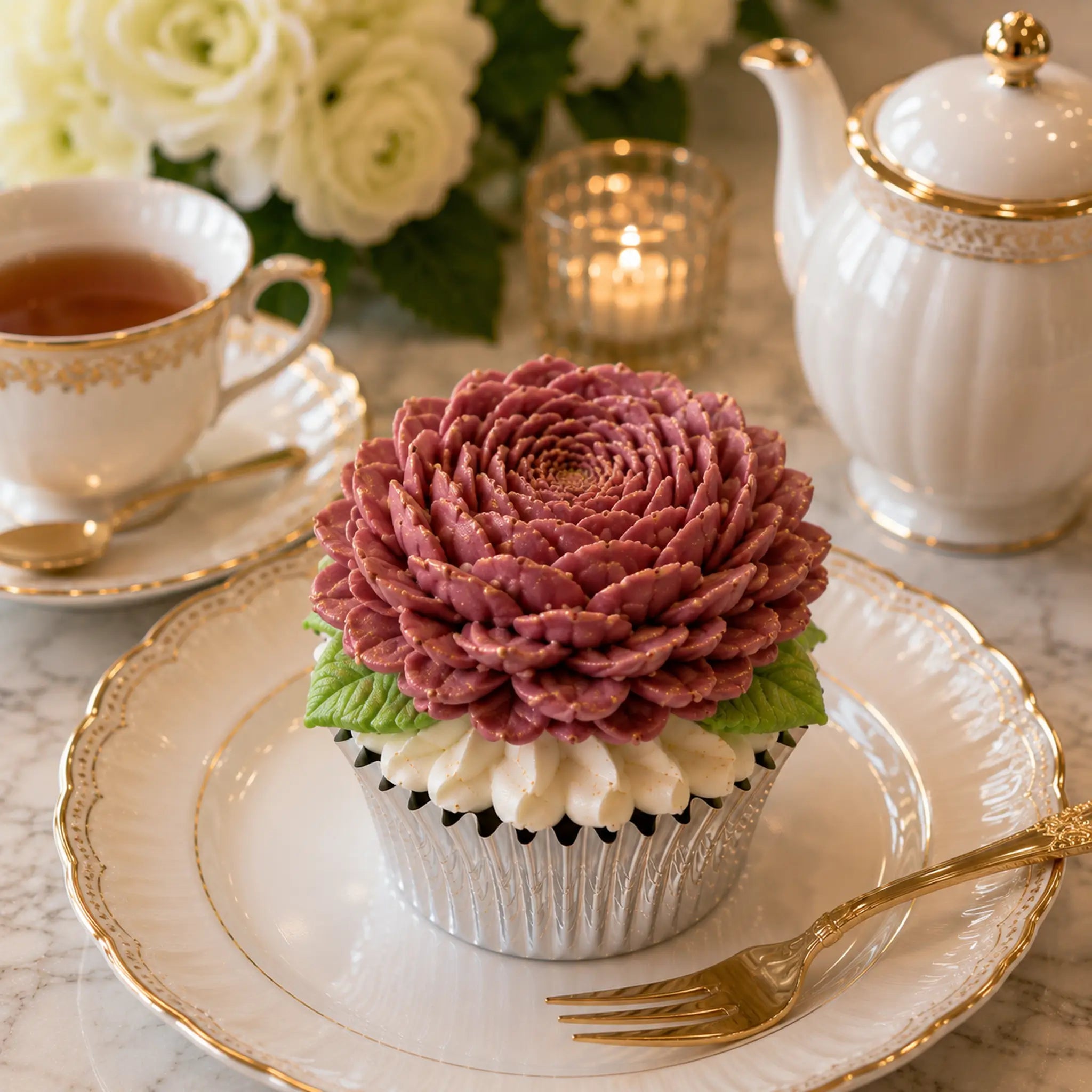 Handcrafted burgundy floral cupcake displayed in a luxury tea setting by Art Dessert Atelier