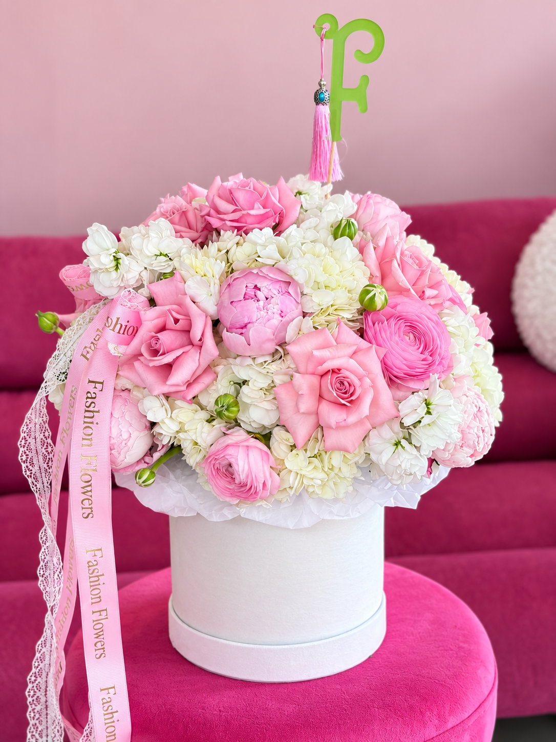 Flower Box Arrangement of roses, hydrangeas, peonies, ranunculus, seasonal flowers — Pink Éclat