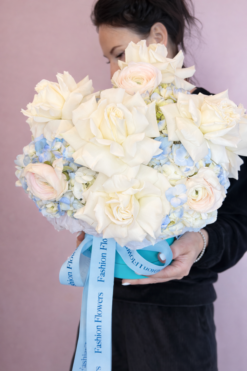 Flower Box Arrangement of white roses, blue hydrangeas, seasonal white blooms — Blue Serenity