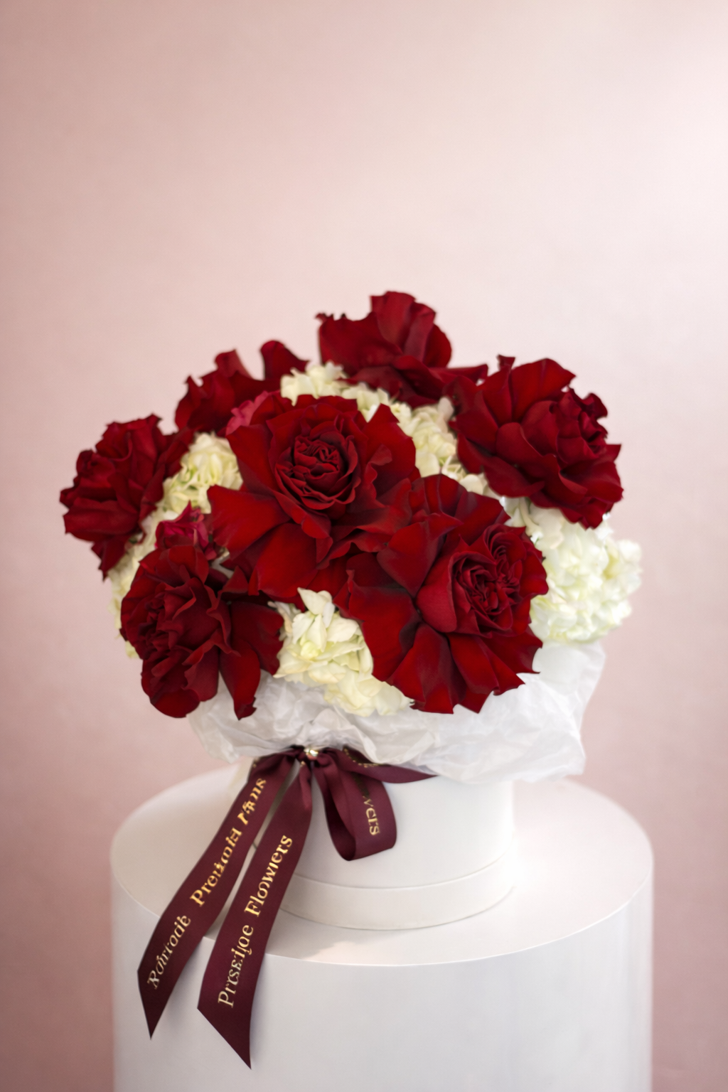 Crimson Elegance: red roses, white hydrangeas in a flower box arrangement