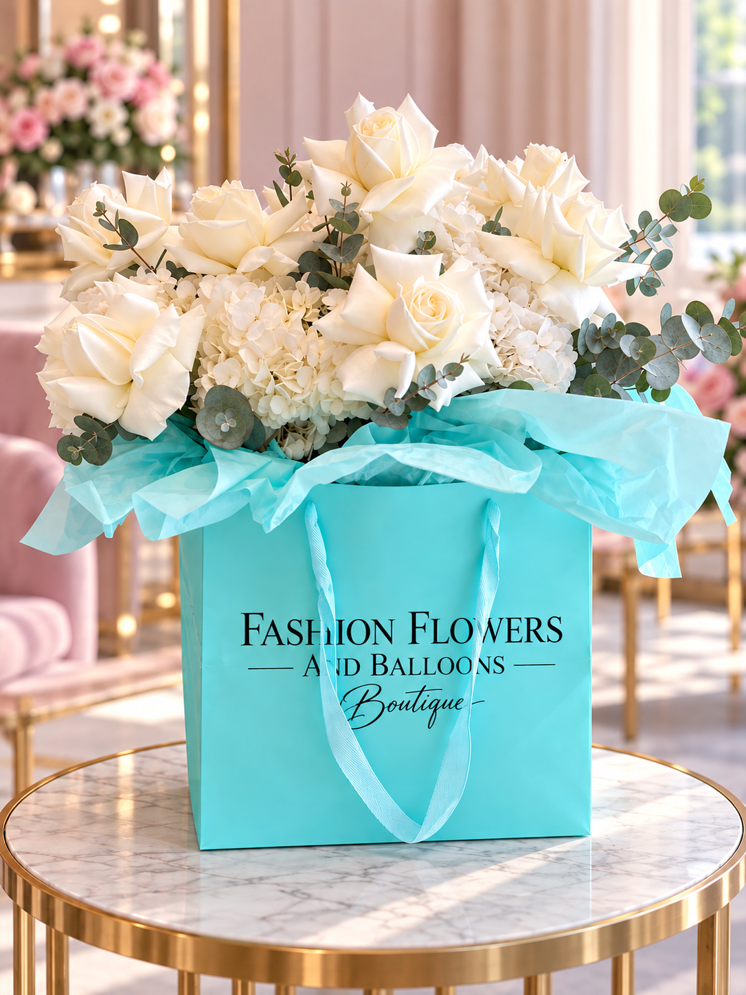 Tiffany in Bloom: white roses, white hydrangeas, eucalyptus, seasonal greenery in a flower bag arrangement