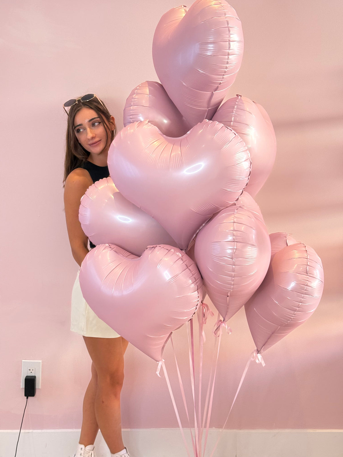 Pink Heart Balloons: metallic pink heart balloons, ribbons in a heart balloon set