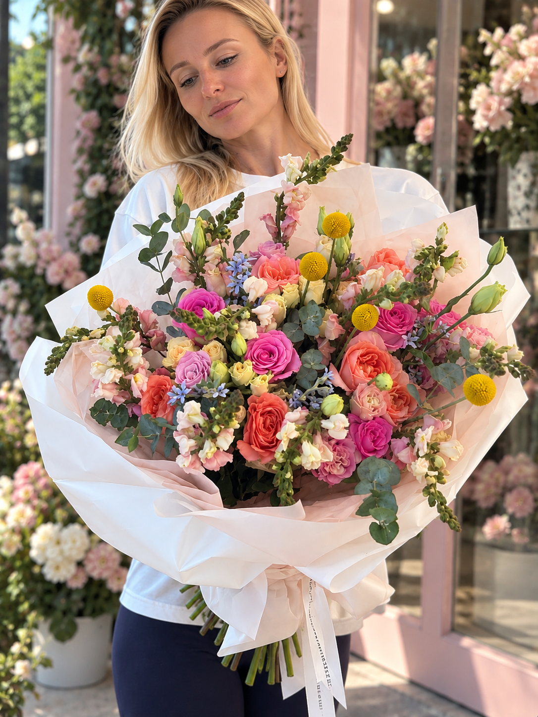 Candy Bloom: roses, seasonal flowers, yellow accents, eucalyptus in a hand-tied bouquet
