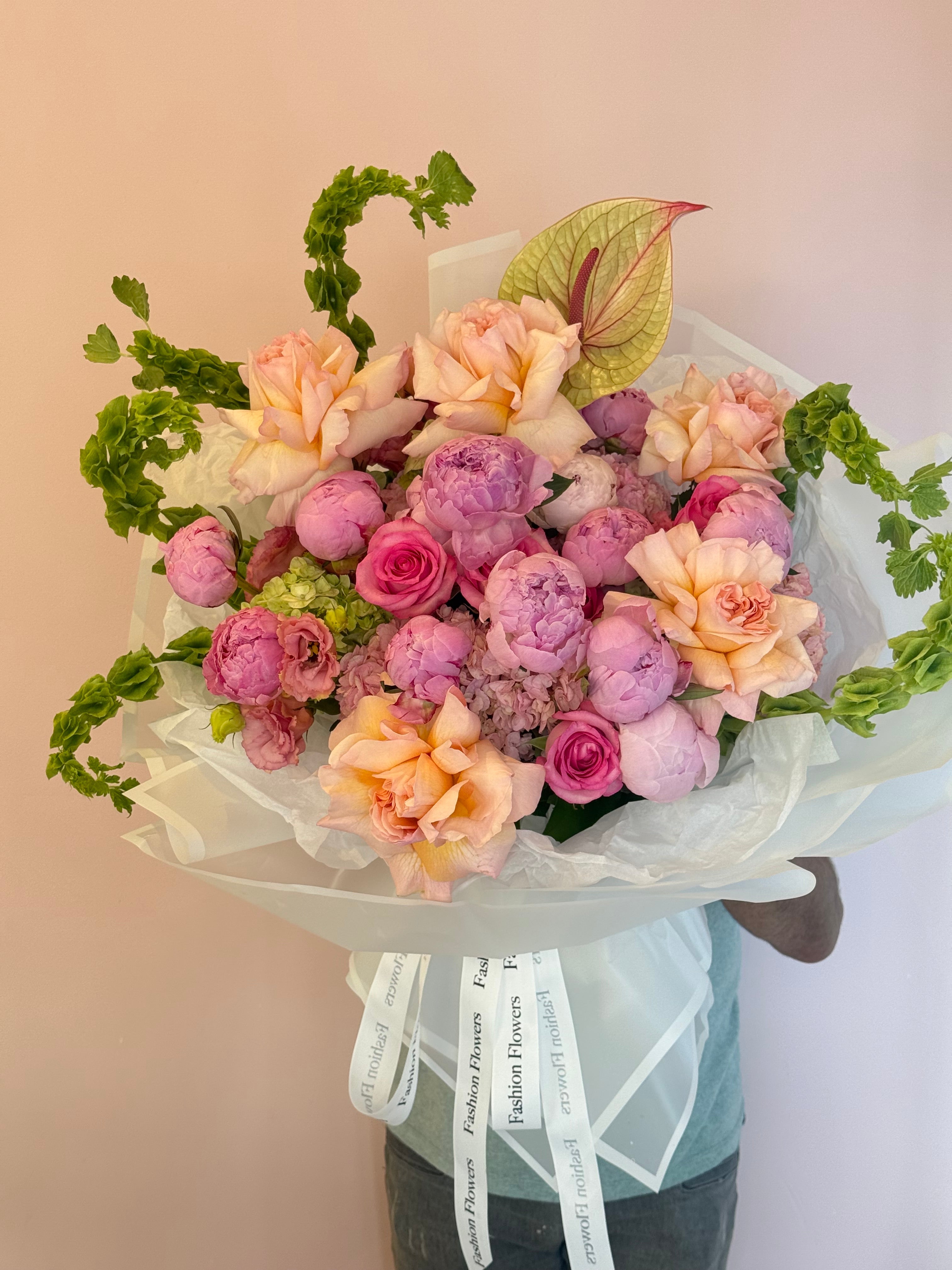 Luxury Pink & Peach Peony Bouquet โ Designer Arrangement with Roses & Hydrangea