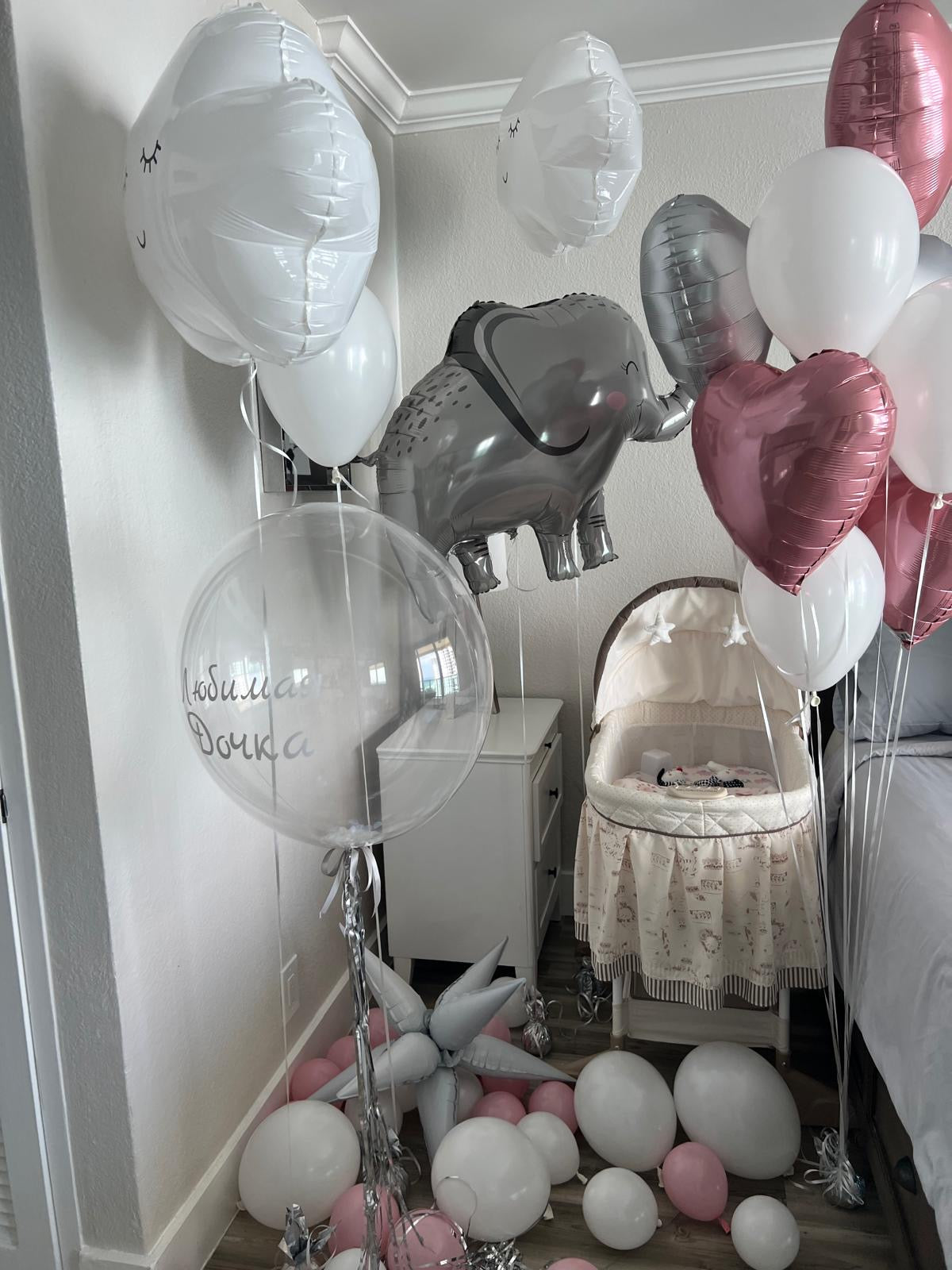 Baby Shower & Welcome Home Decoration – Pink, White & Silver Balloon Room Setup