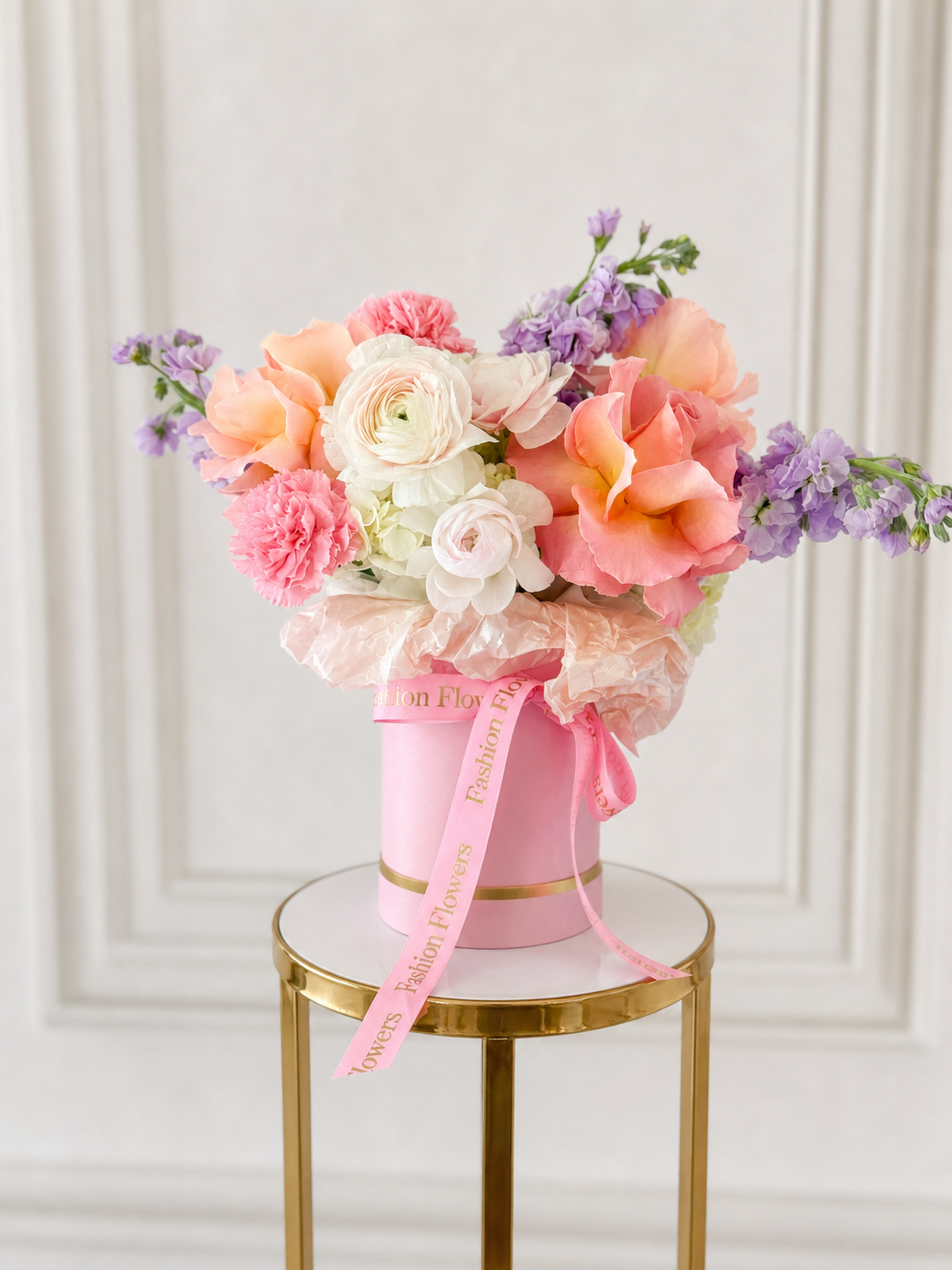 Blush Garden: roses, ranunculus, carnations, seasonal flowers in a flower box arrangement