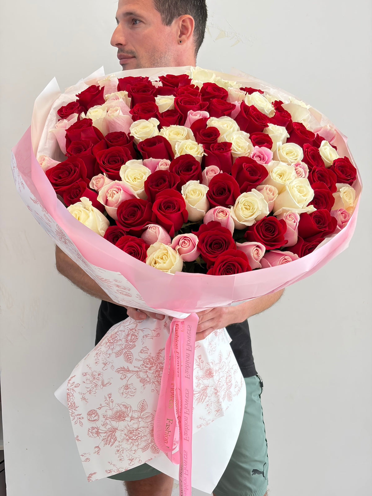 Hand-Tied Bouquet of red roses, pink roses, white roses — Signature Love Mix