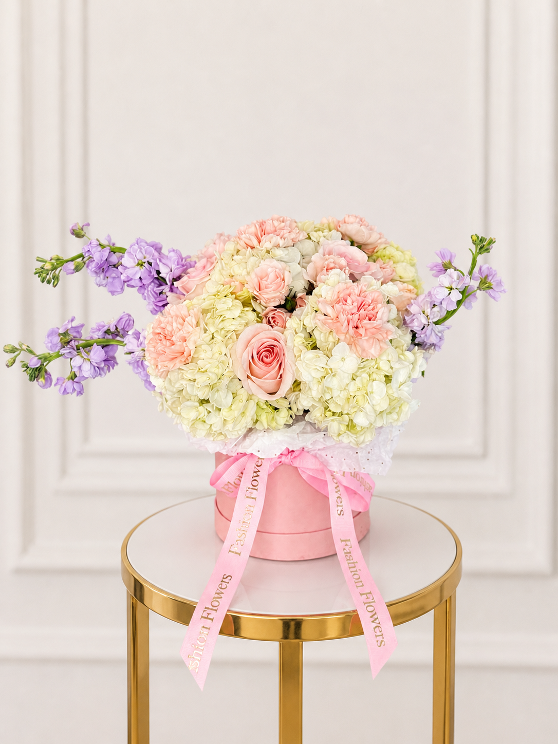 Pastel Bloom Garden: roses, hydrangeas, carnations, seasonal accents in a flower box arrangement