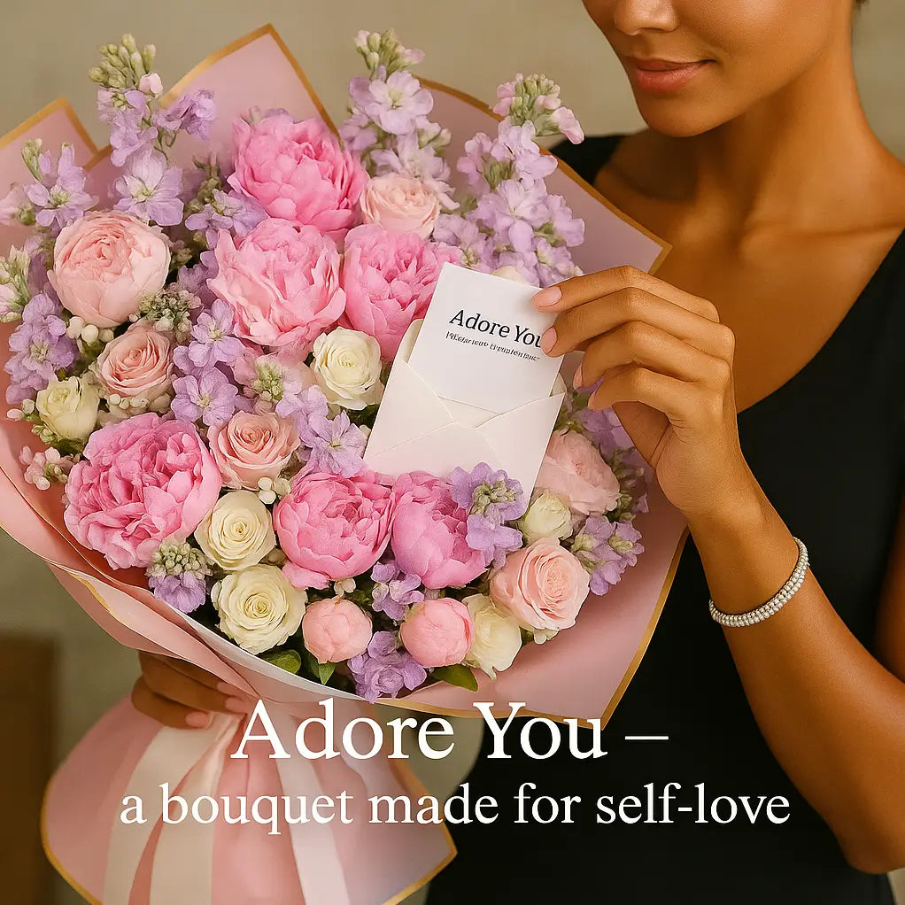 Adore You â em um buquĂȘ amarrado Ă mĂŁo com tons suaves de rosa para presentear com elegĂąncia