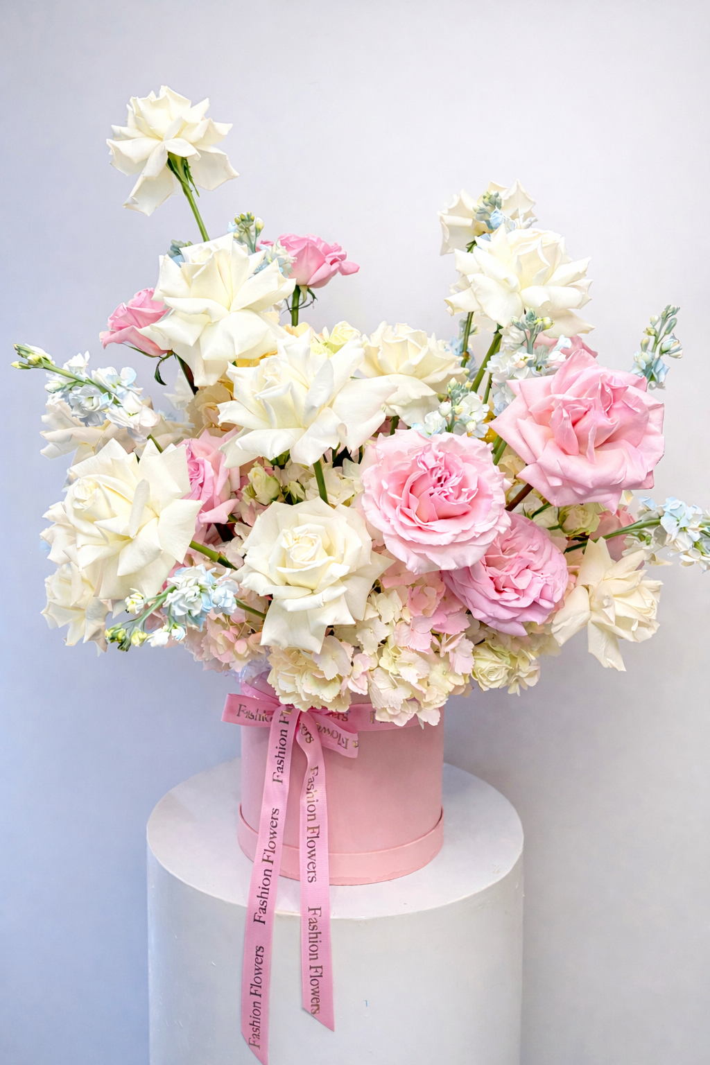 Flower Box Arrangement of garden roses, hydrangeas, seasonal ivory blooms — In Love With Pink