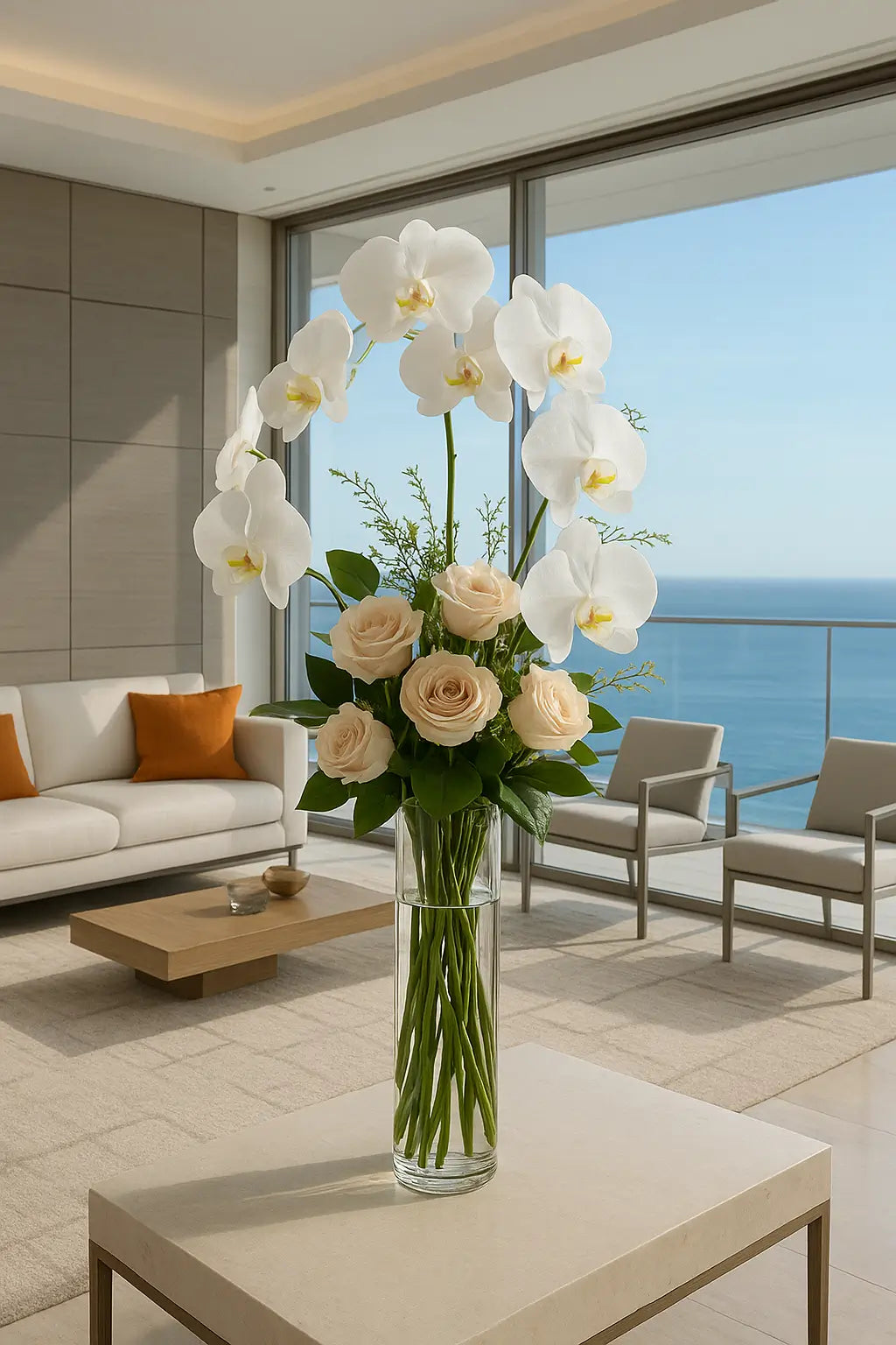 A sophisticated floral arrangement featuring white orchids, orange cymbidiums, and lush greenery, placed on a wooden coffee table in a luxurious oceanfront living room with floor-to-ceiling windows overlooking the sea