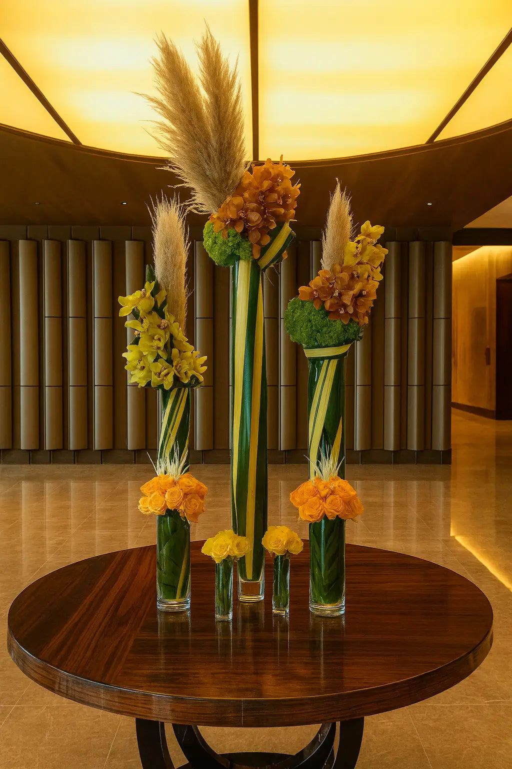 A luxurious floral arrangement in the lobby of Fendi Château Residences, featuring golden vases filled with orchids, exotic greenery, and cascading blooms, set on a round wooden table with marble flooring and modern architectural details in the background