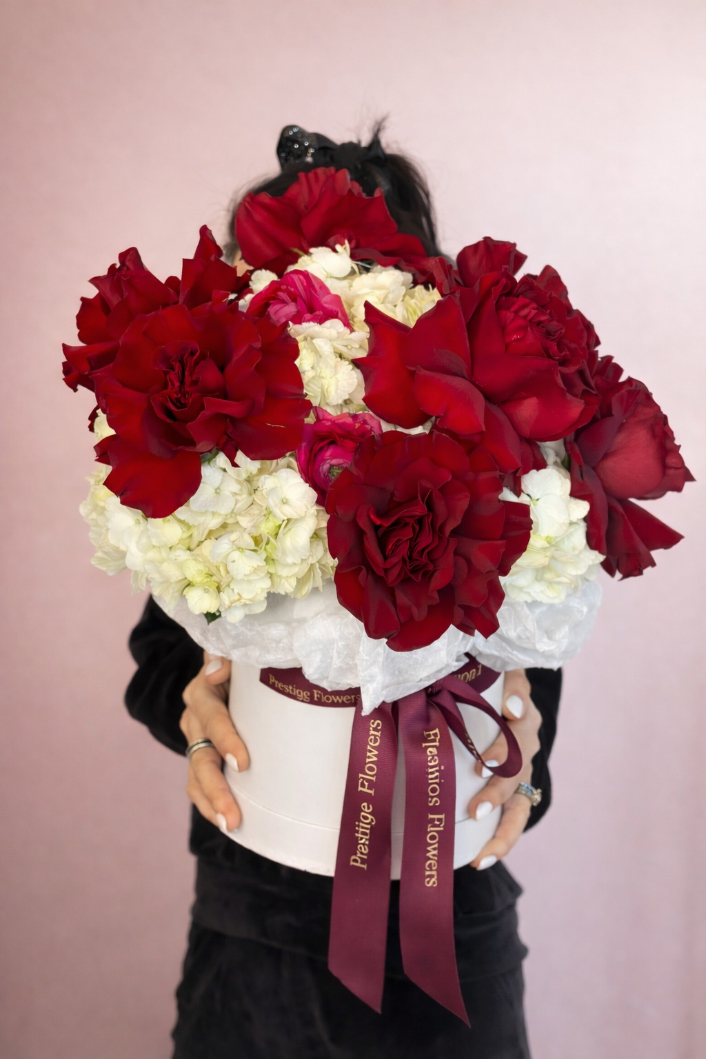 Flower Box Arrangement of red roses, white hydrangeas — Crimson Elegance