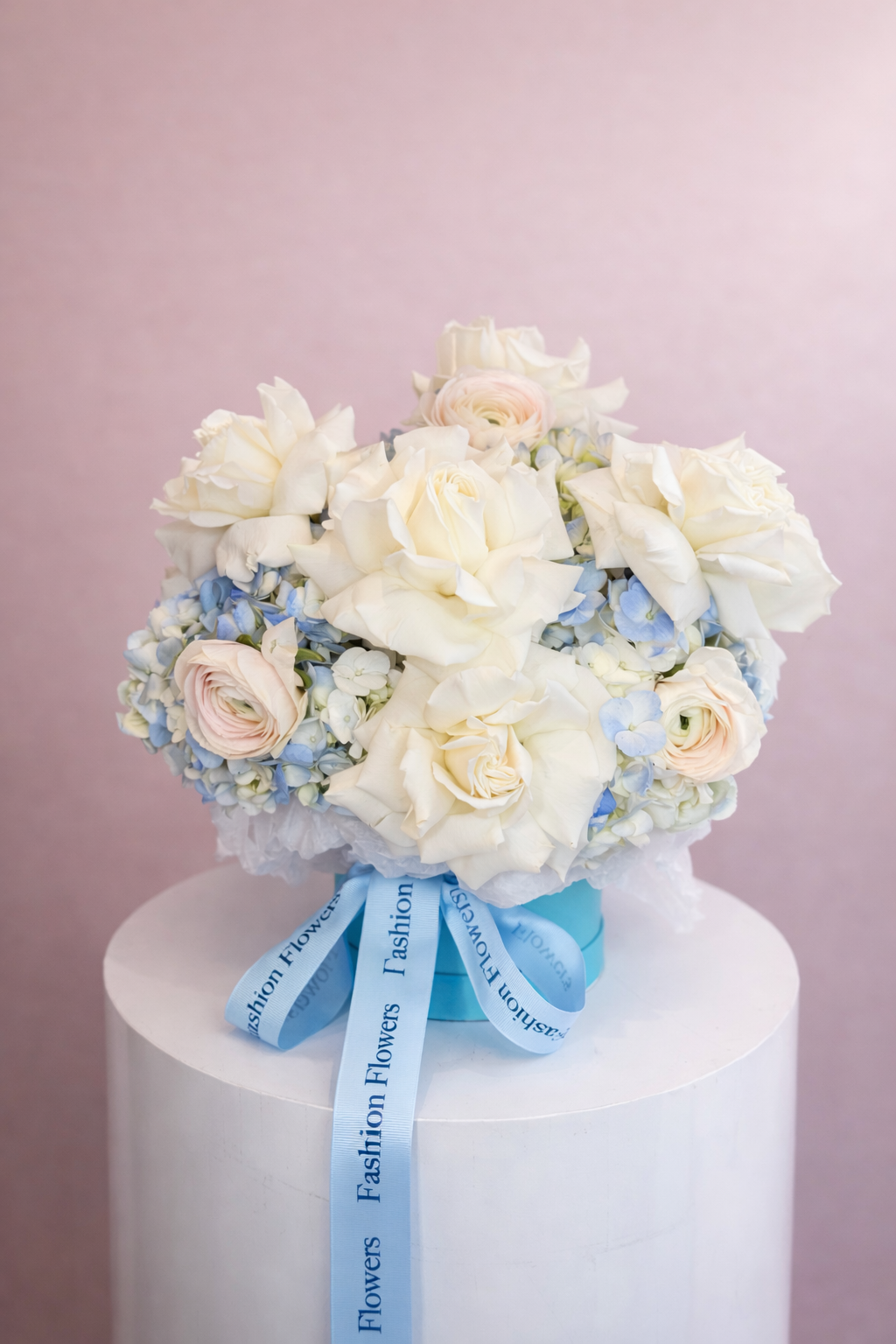 Blue Serenity: white roses, blue hydrangeas, seasonal white blooms in a flower box arrangement