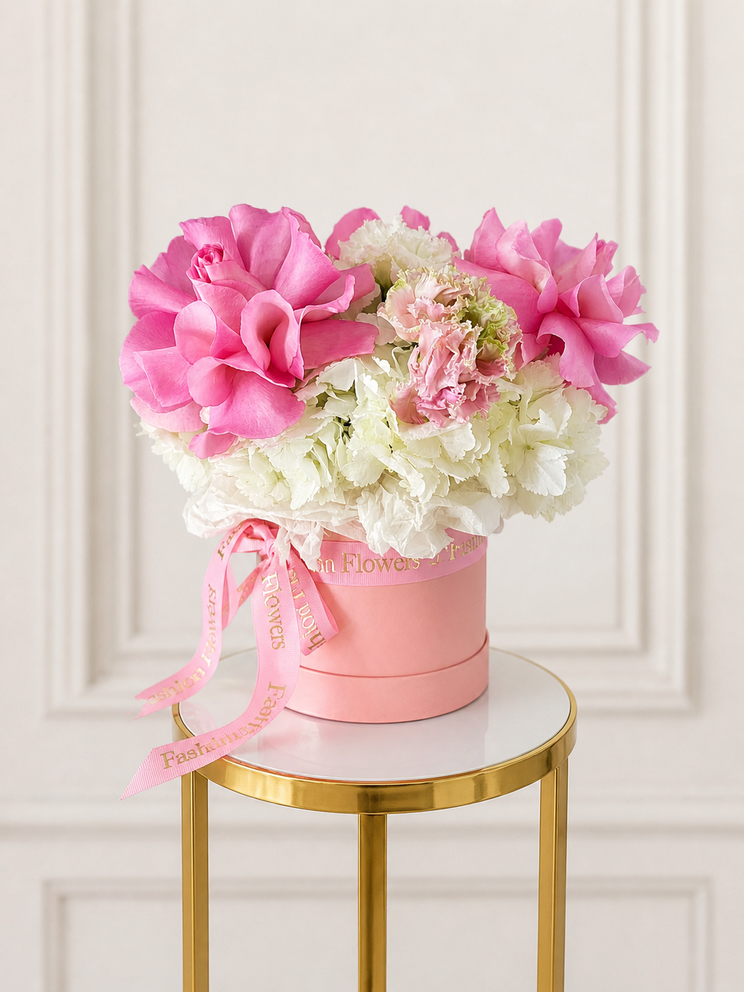Pink Velvet: pink roses, white hydrangeas, accent blooms in a flower box arrangement
