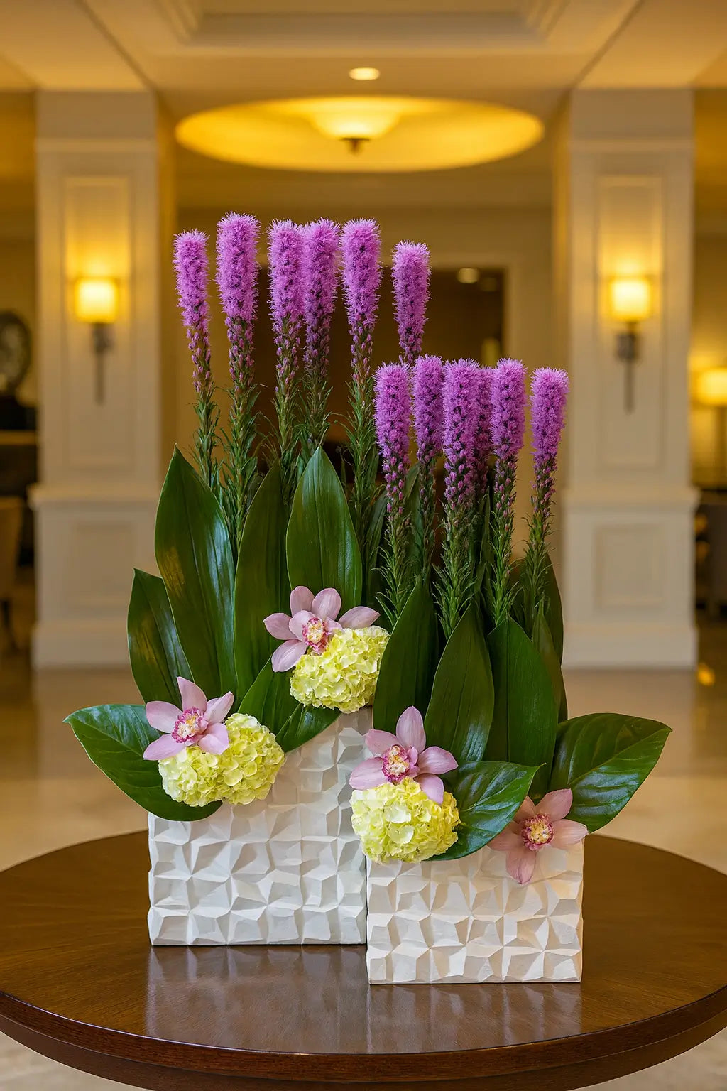 A sophisticated floral arrangement displayed in the lobby of Atlantic III at The Point, featuring vibrant flowers and greenery in an elegant modern setting.