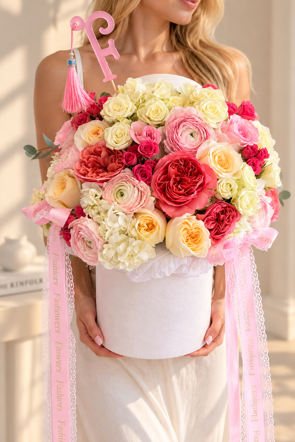 Flower Box Arrangement of garden roses, roses, spray roses, ranunculus, hydrangeas — Blush Empress