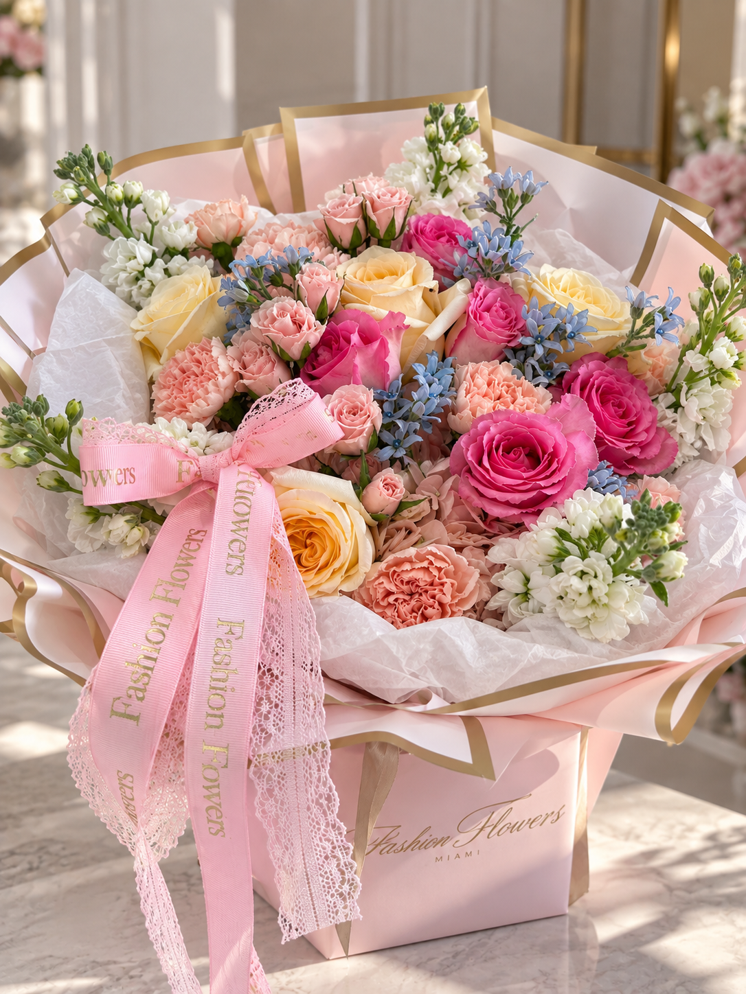 Pastel Love Story hand-tied bouquet featuring roses, spray roses, carnations, seasonal blooms