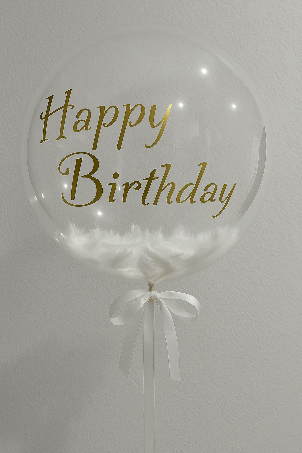Feather Balloon “Happy Birthday” – Transparent Balloon with White & Pink Feathers