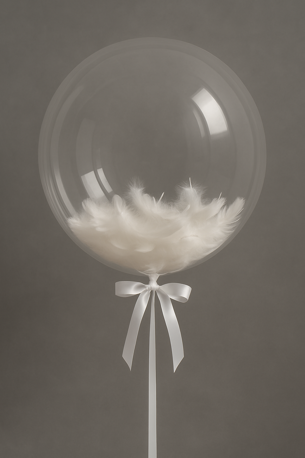 Balloon Bouquet of clear balloons, white feathers, satin ribbons — Transparent Feather Balloons