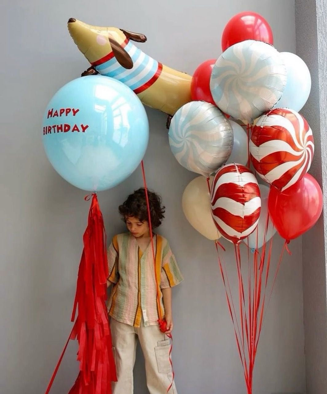 Candy Dog Balloon Bouquet – Red & Blue Birthday Party Set
