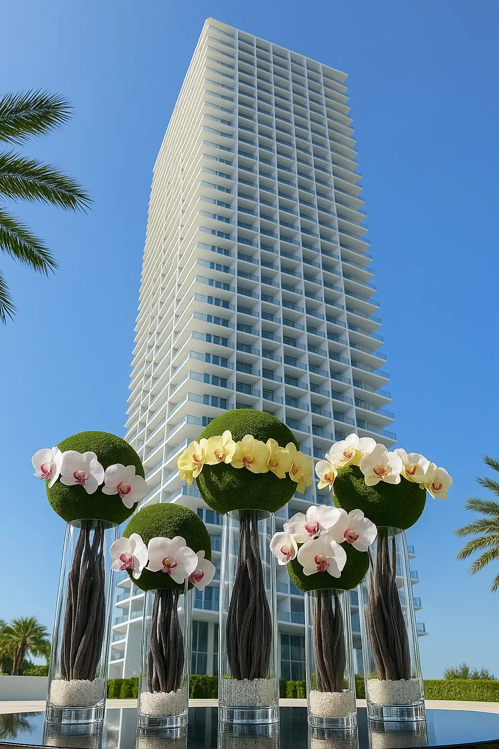 A daytime view of Jade Residences tower with five elegant floral compositions arranged in tall glass vases at the forefront, captured from a top-down perspective.