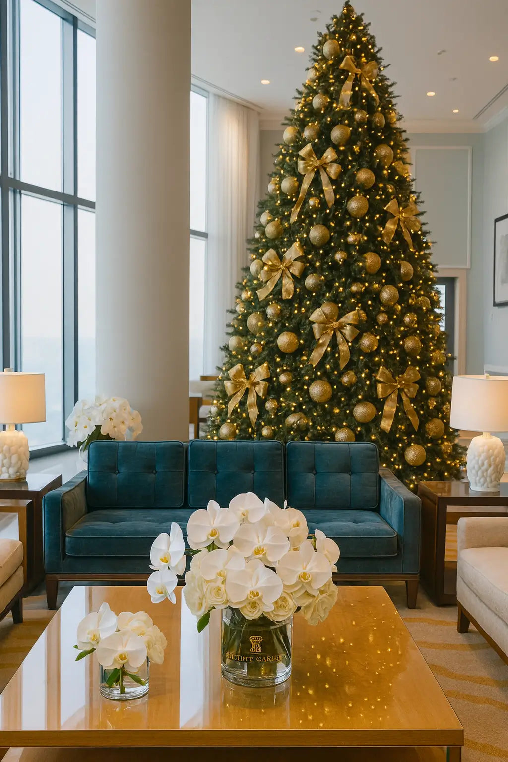 A spacious, bright lobby at The Ritz-Carlton featuring a tall luxury Christmas tree decorated with silver and gold ornaments and warm string lights. Elegant floral arrangements with white orchids and roses are placed on the tables, creating a festive and sophisticated winter atmosphere.