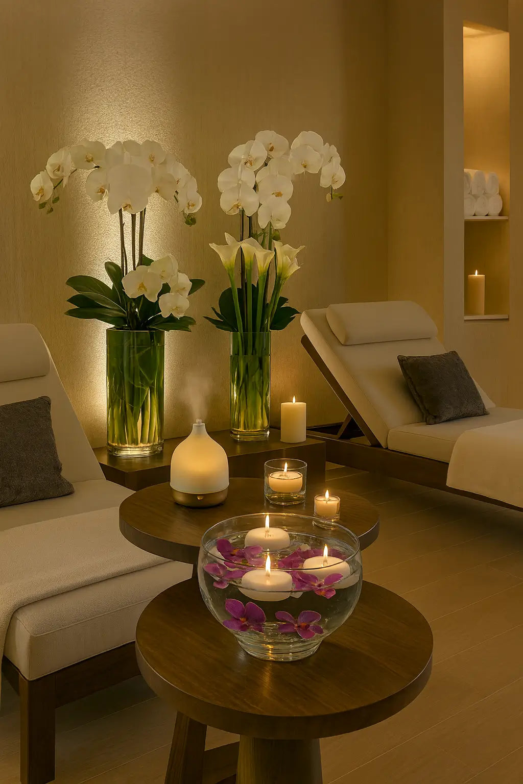 A luxurious spa relaxation area at The Ritz-Carlton featuring lounge chairs, soft ambient lighting, and elegant floral arrangements of white orchids. Decorative candles, rolled towels, and glass vases with floating flowers create an atmosphere of relaxation and harmony.