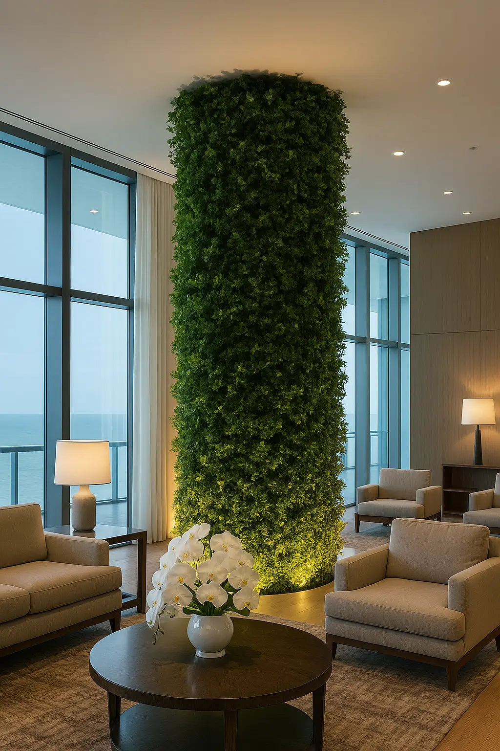 A lounge interior at The Ritz-Carlton featuring a tall column fully wrapped in lush vertical greenery. The green wall is highlighted with soft upward lighting, creating a fresh and elegant atmosphere within the spacious, modern lounge.