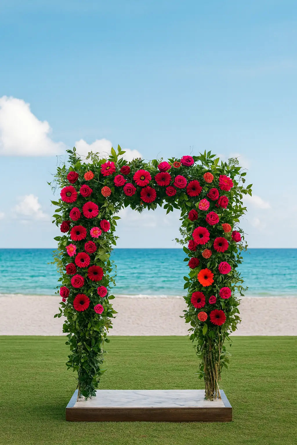 Vibrant tropical floral arch with pink and red blooms set against the turquoise ocean, perfect for a luxury beach wedding in Miami.