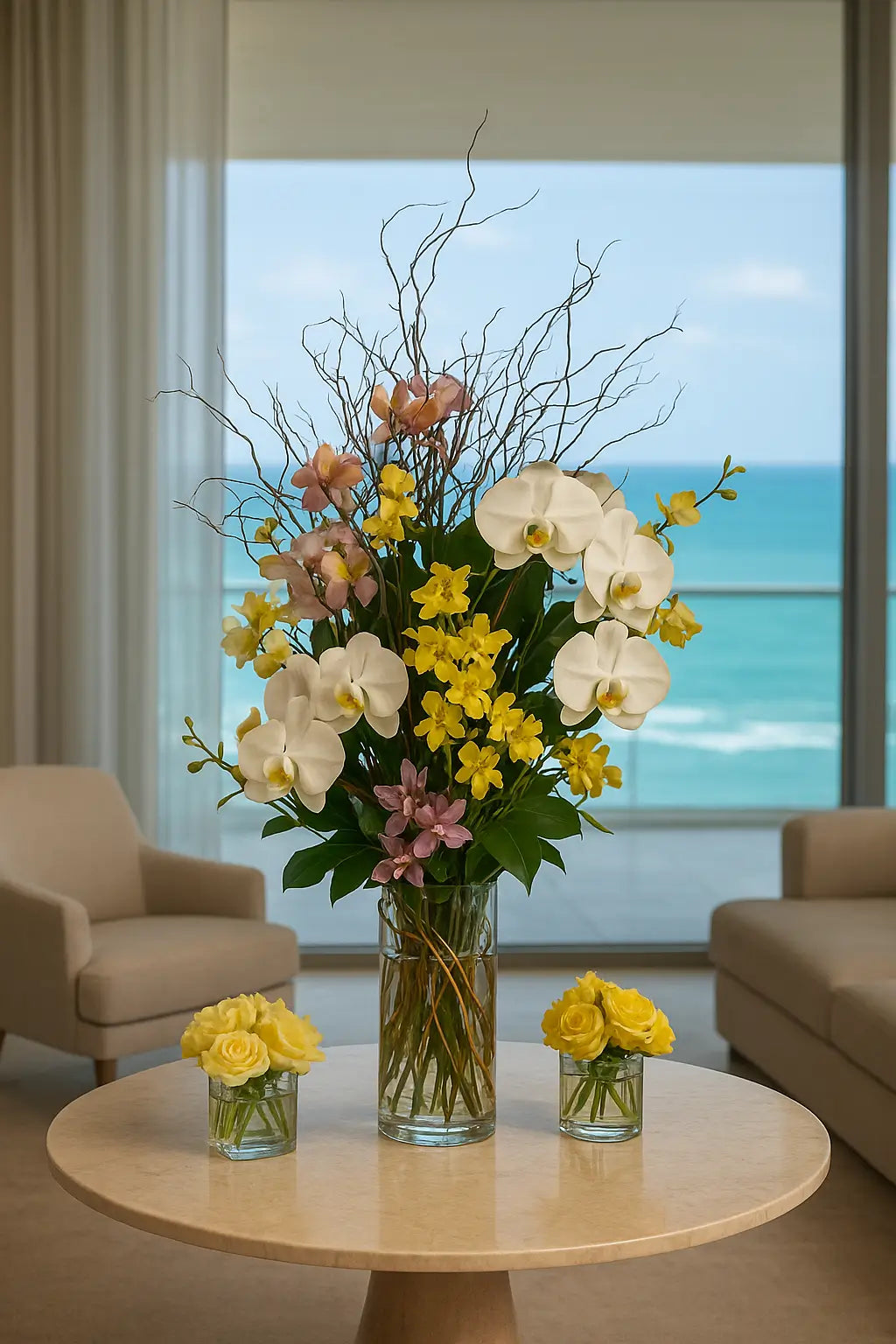 An elegant floral arrangement in the contemporary interior of Turnberry Ocean Club Residences with orchids and decorative elements creating an atmosphere of luxury and sophistication.