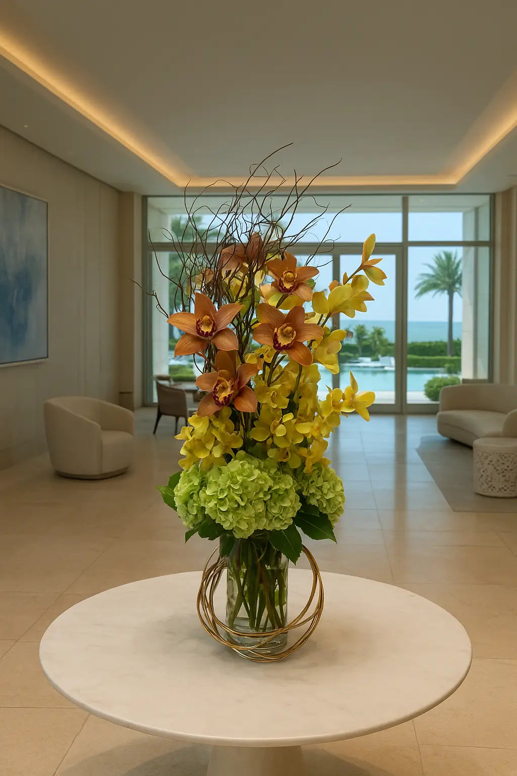 An elegant floral arrangement at Turnberry Ocean Club Residences featuring vertical orchids, hydrangeas and tropical greenery in tall vases against a backdrop of a contemporary lobby overlooking the ocean