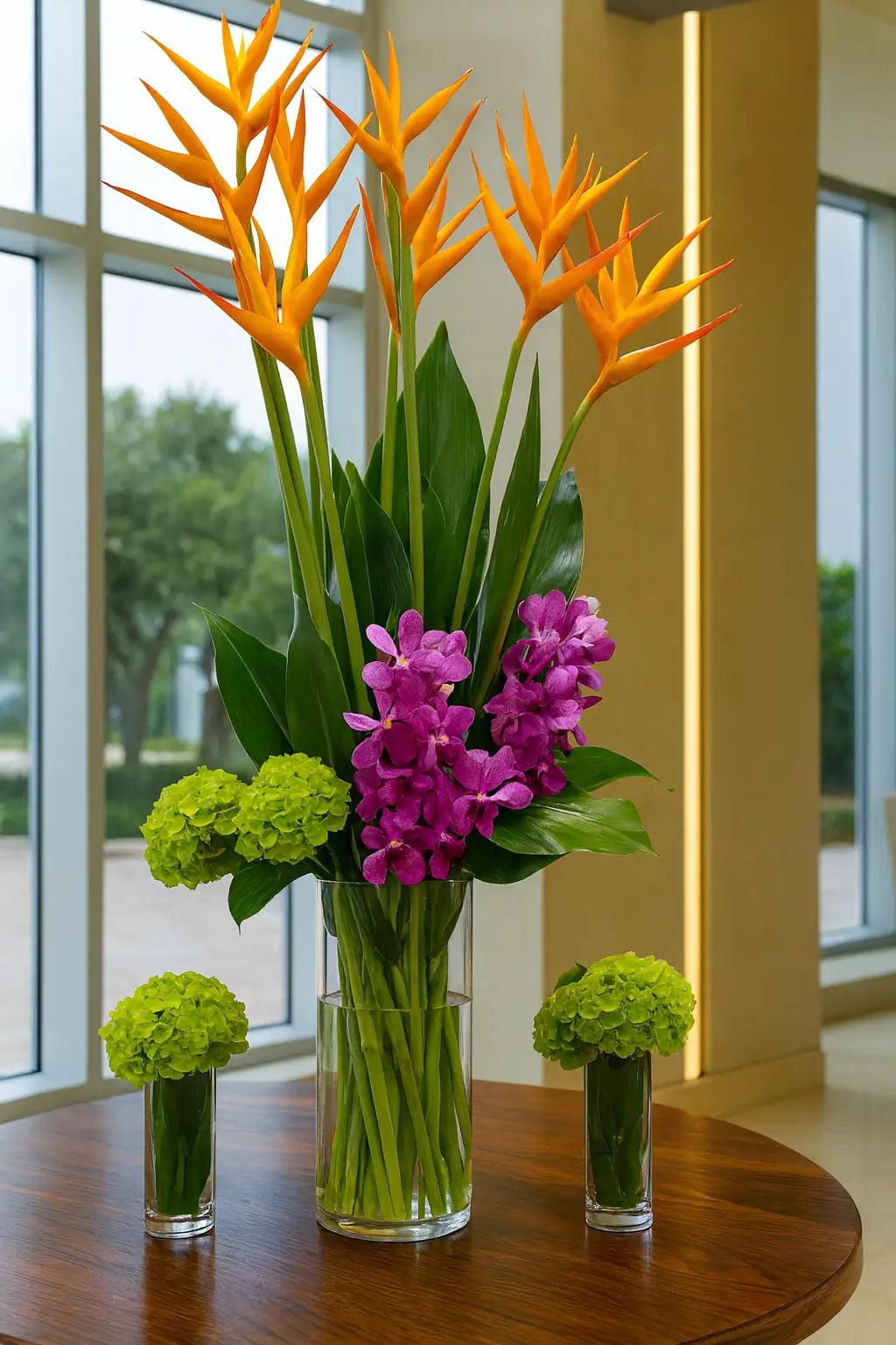 A luxurious floral arrangement featuring tall orange and red heliconia stems paired with lush green hydrangeas and vivid purple orchids, elegantly displayed in a modern indoor setting with warm lighting.